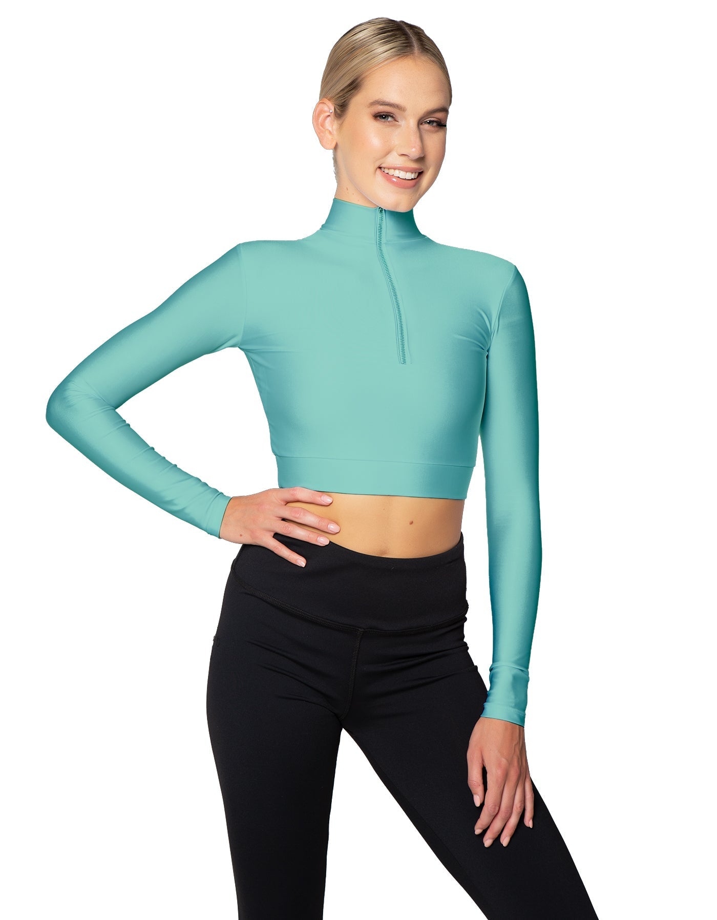 Solid Lycra LS Tneck Zipper Front Crop Top
