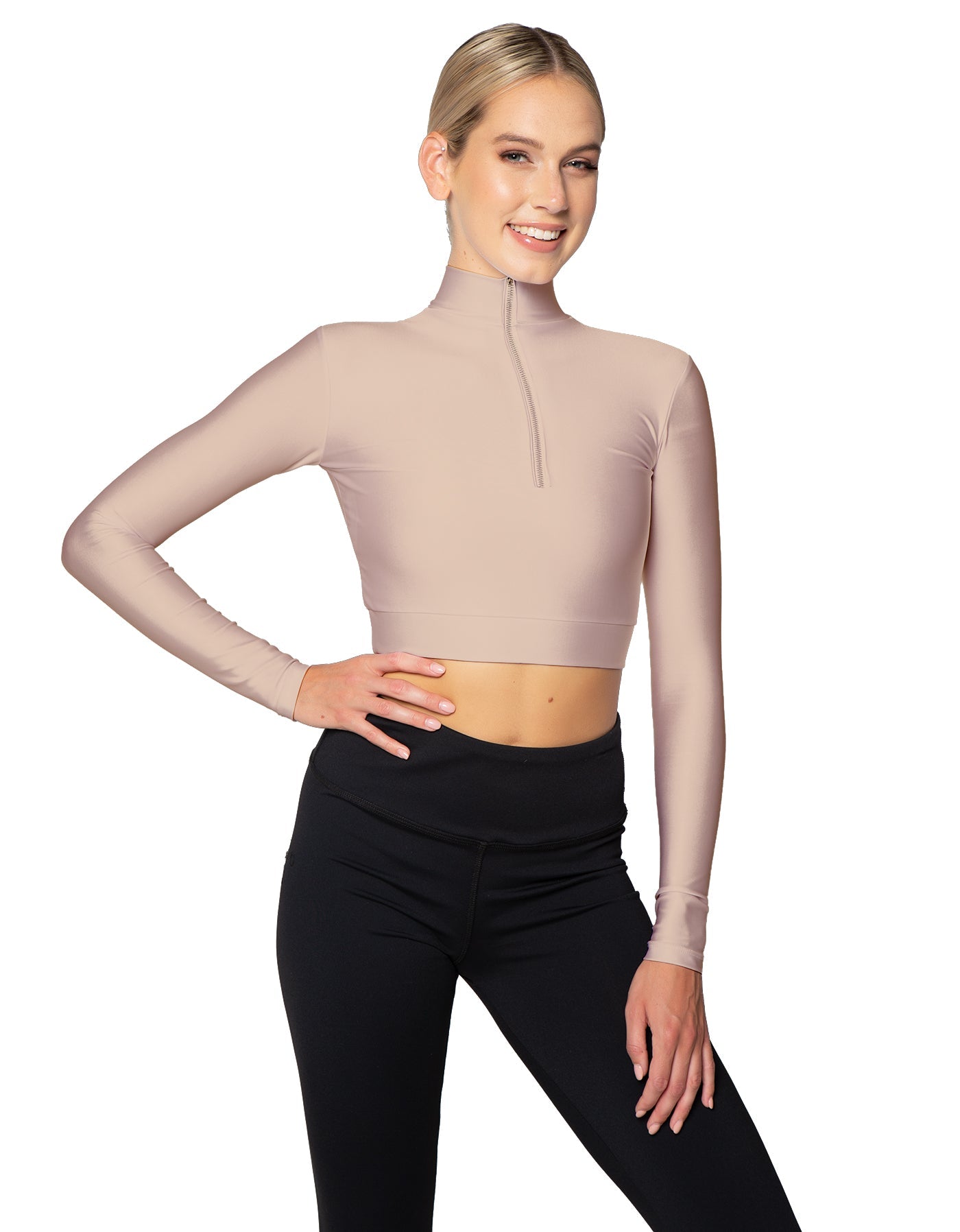Solid Lycra LS Tneck Zipper Front Crop Top