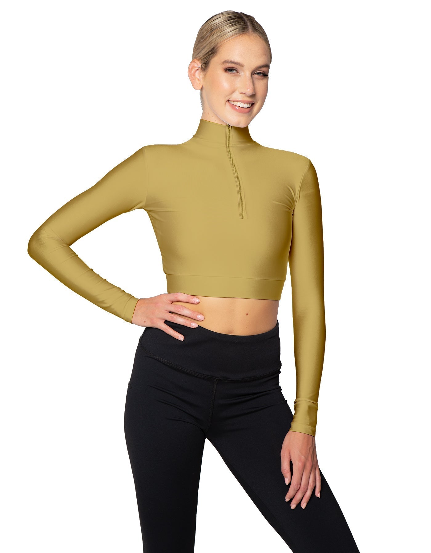 Solid Lycra LS Tneck Zipper Front Crop Top