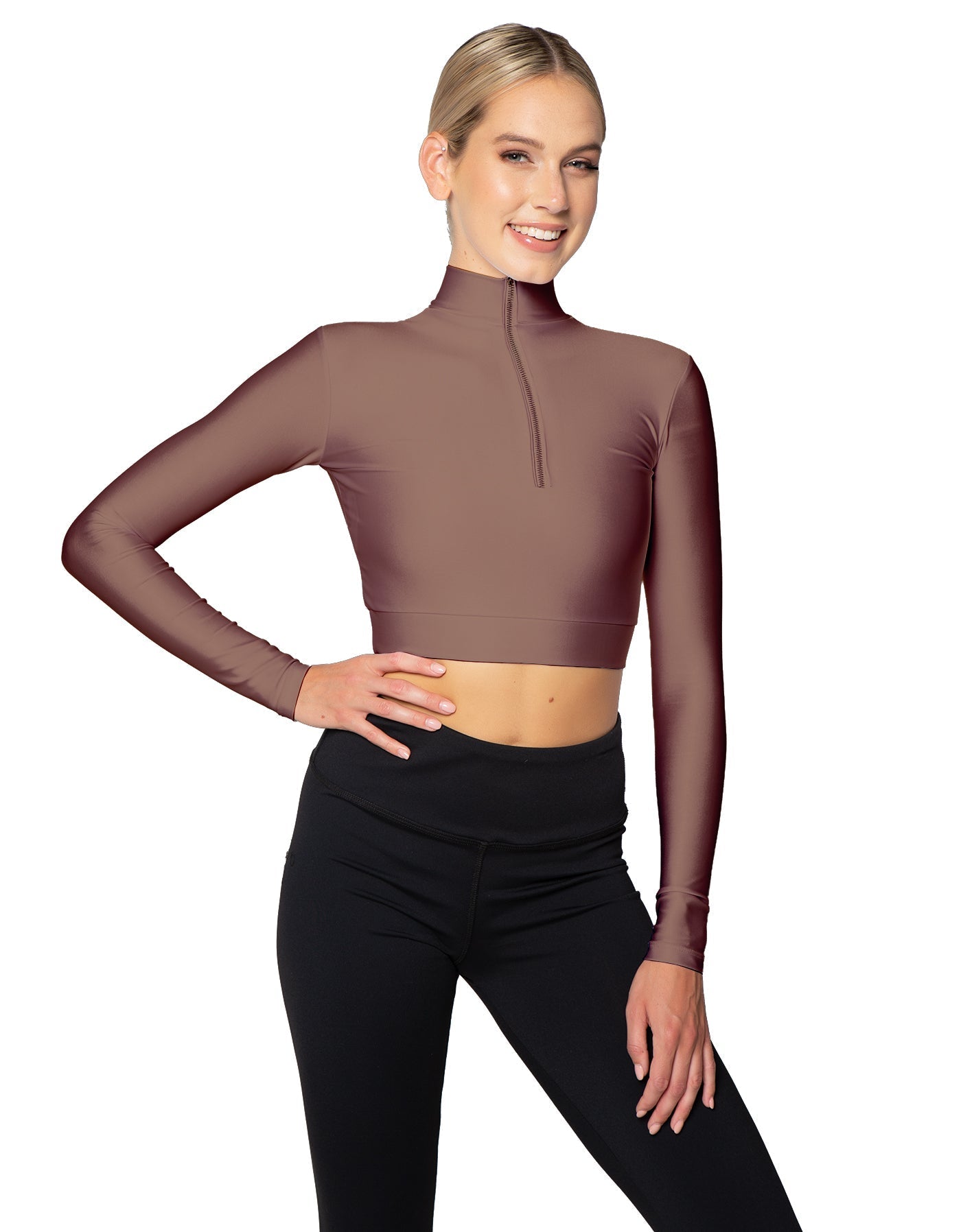Solid Lycra LS Tneck Zipper Front Crop Top