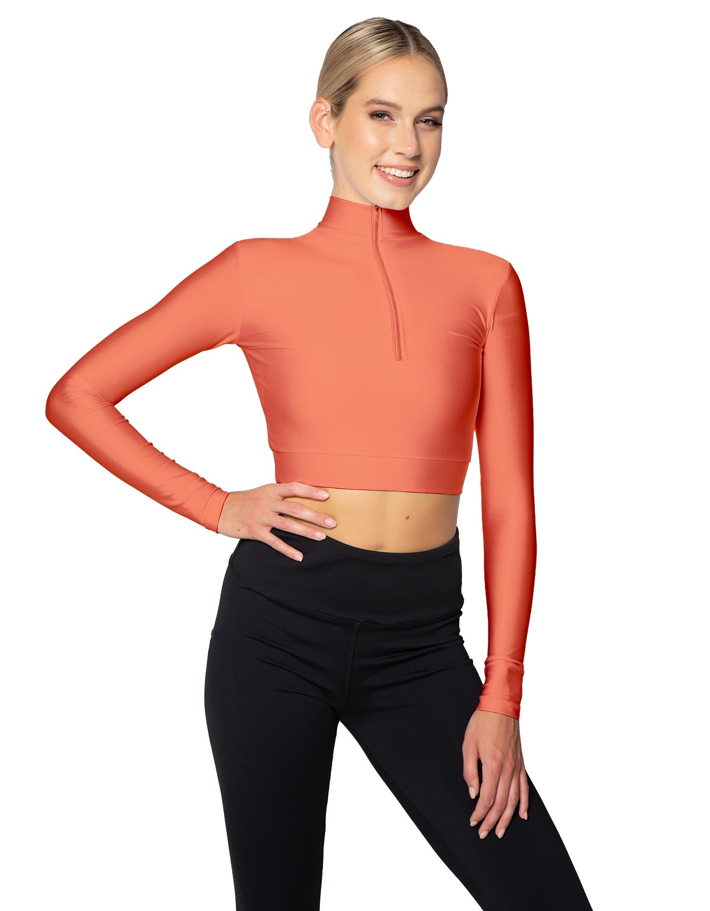 Solid Lycra LS Tneck Zipper Front Crop Top