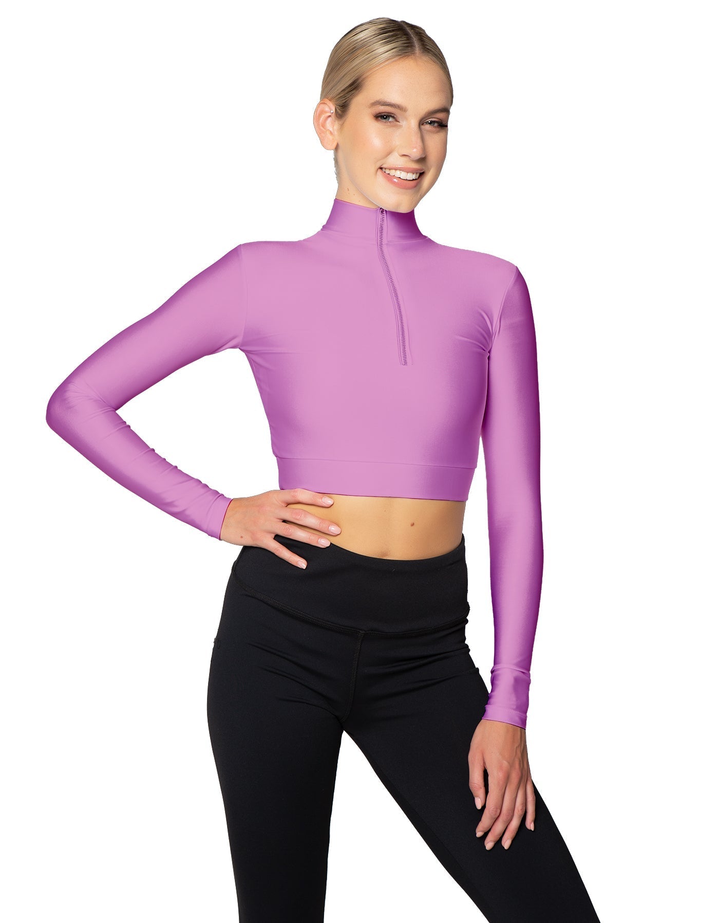 Solid Lycra LS Tneck Zipper Front Crop Top