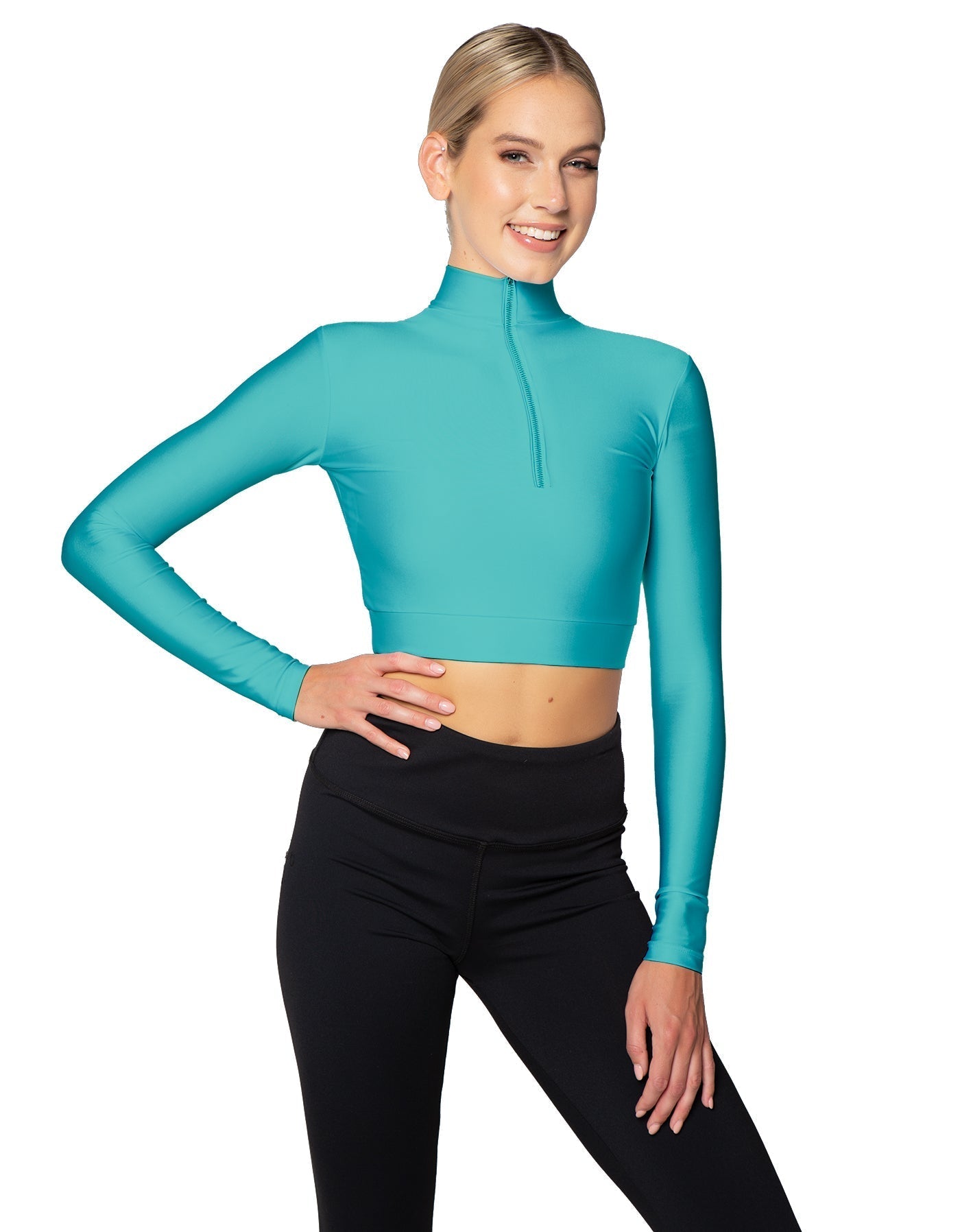 Solid Lycra LS Tneck Zipper Front Crop Top
