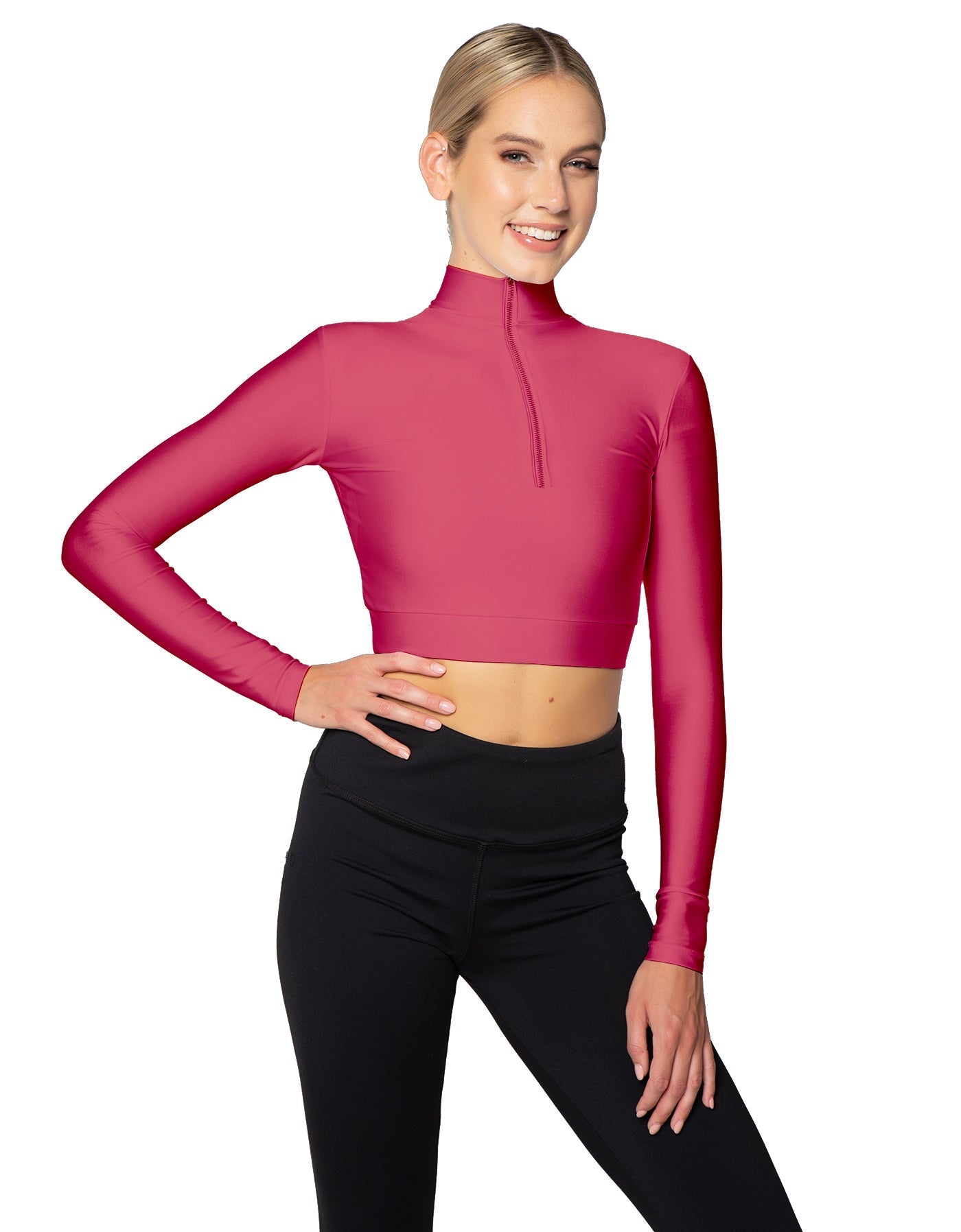 Solid Lycra LS Tneck Zipper Front Crop Top