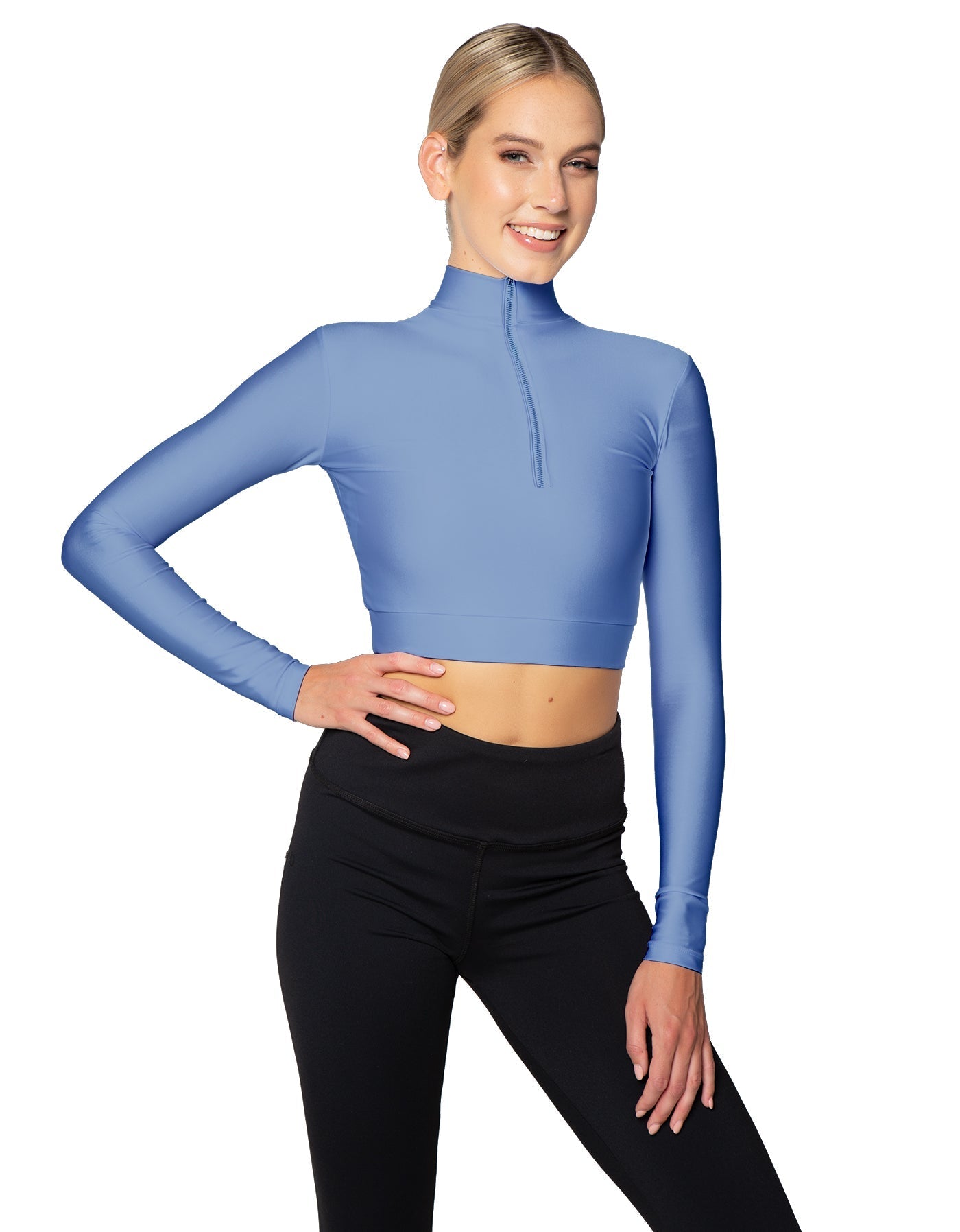 Solid Lycra LS Tneck Zipper Front Crop Top