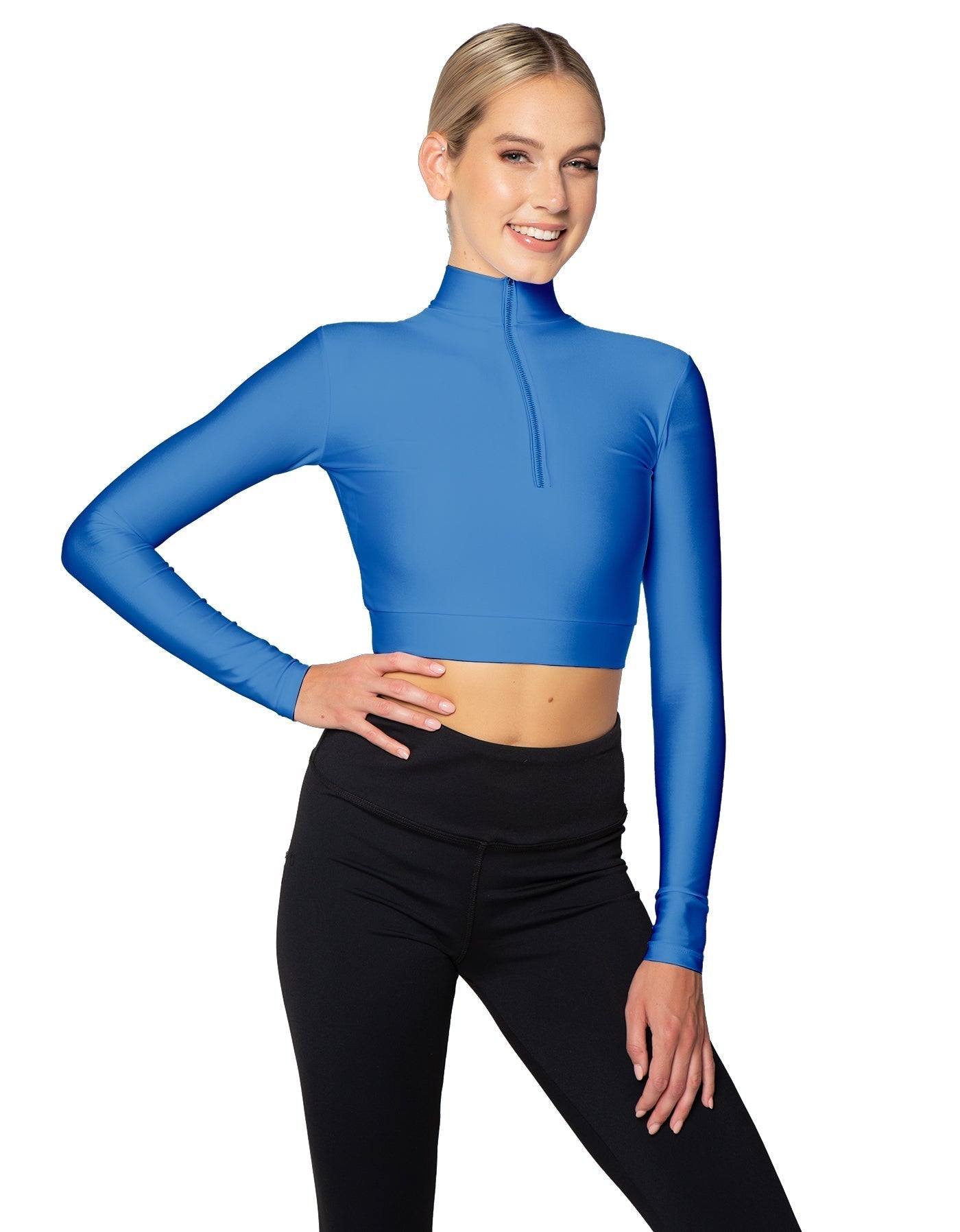 Solid Lycra LS Tneck Zipper Front Crop Top