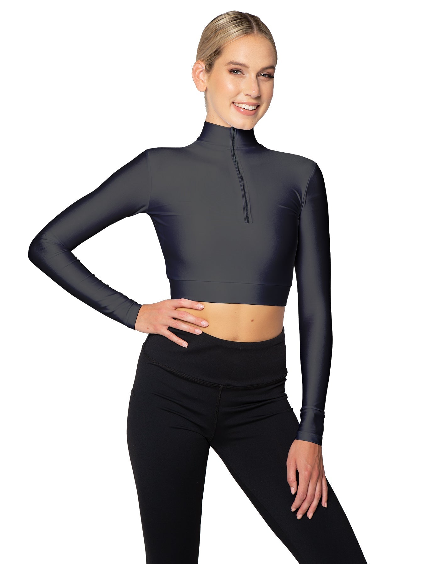 Solid Lycra LS Tneck Zipper Front Crop Top