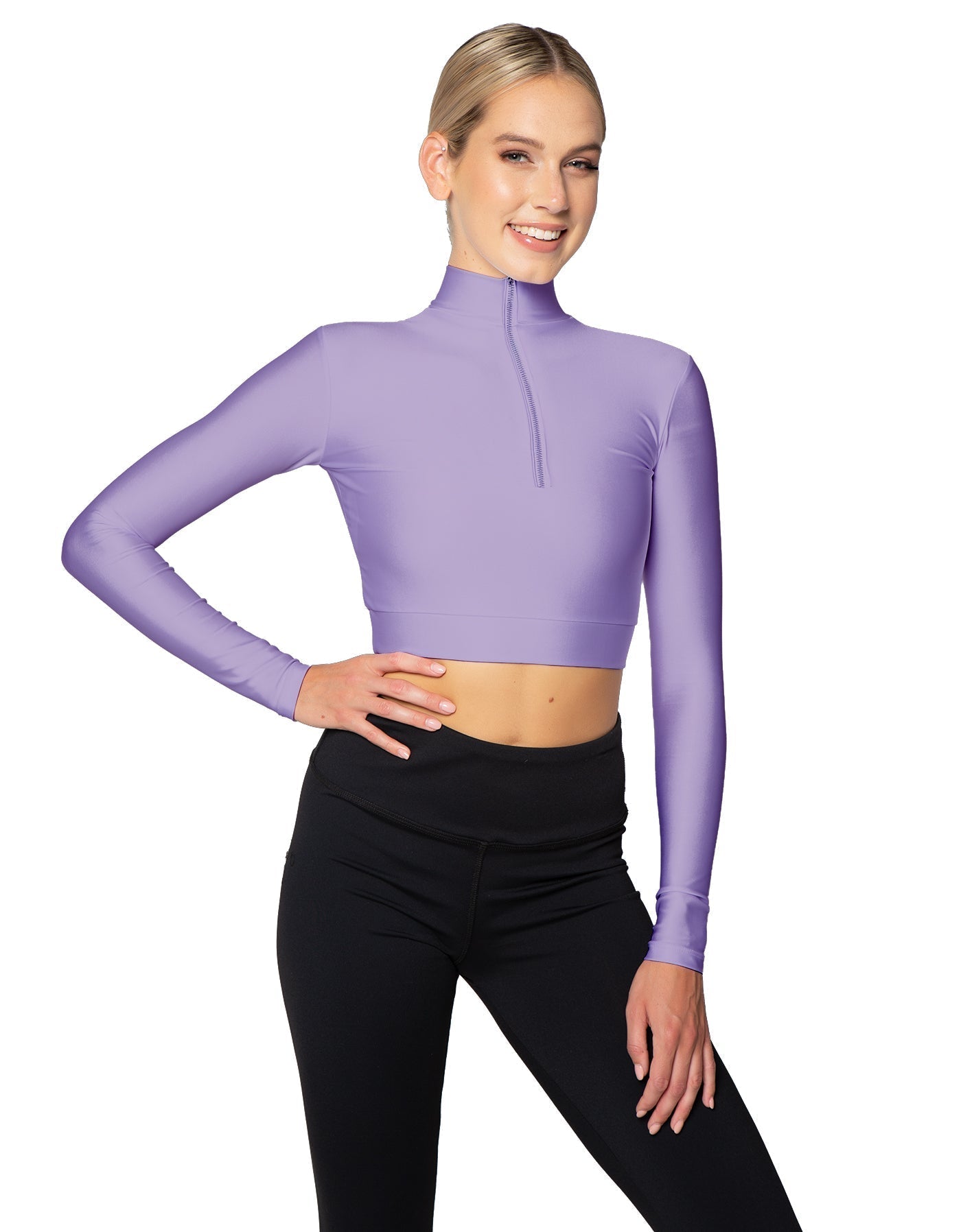Solid Lycra LS Tneck Zipper Front Crop Top