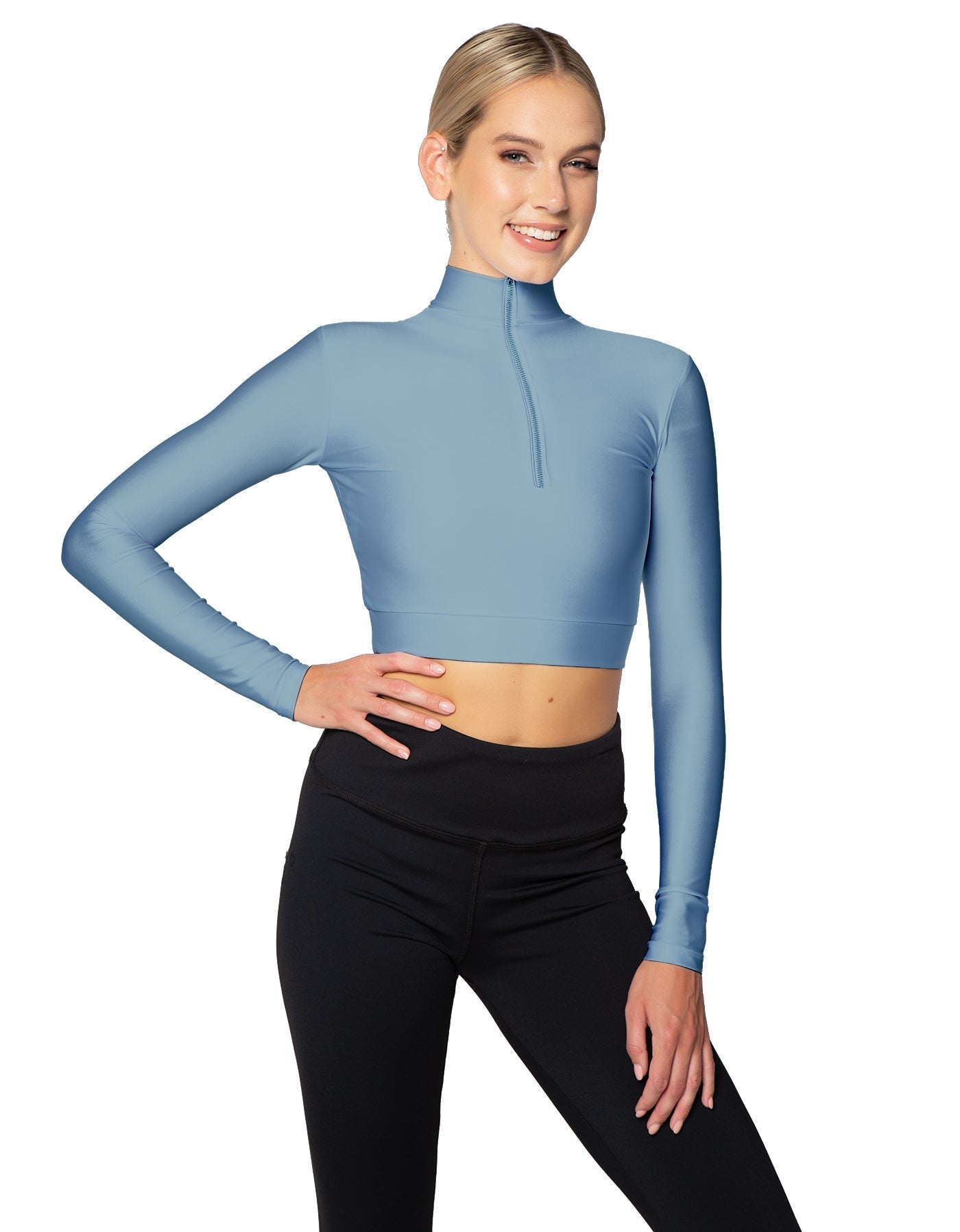 Solid Lycra LS Tneck Zipper Front Crop Top