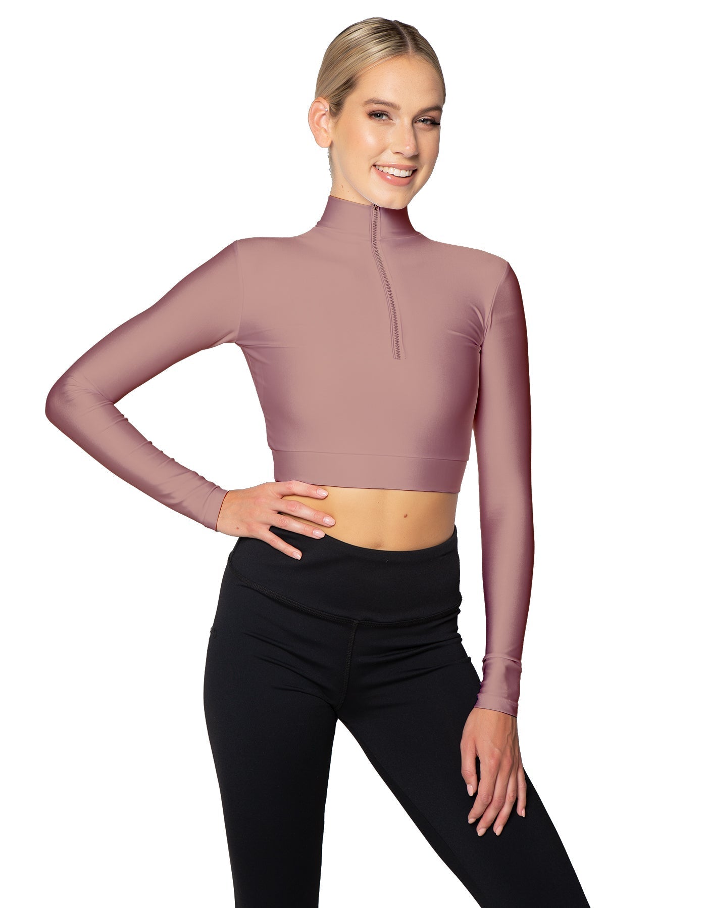 Solid Lycra LS Tneck Zipper Front Crop Top