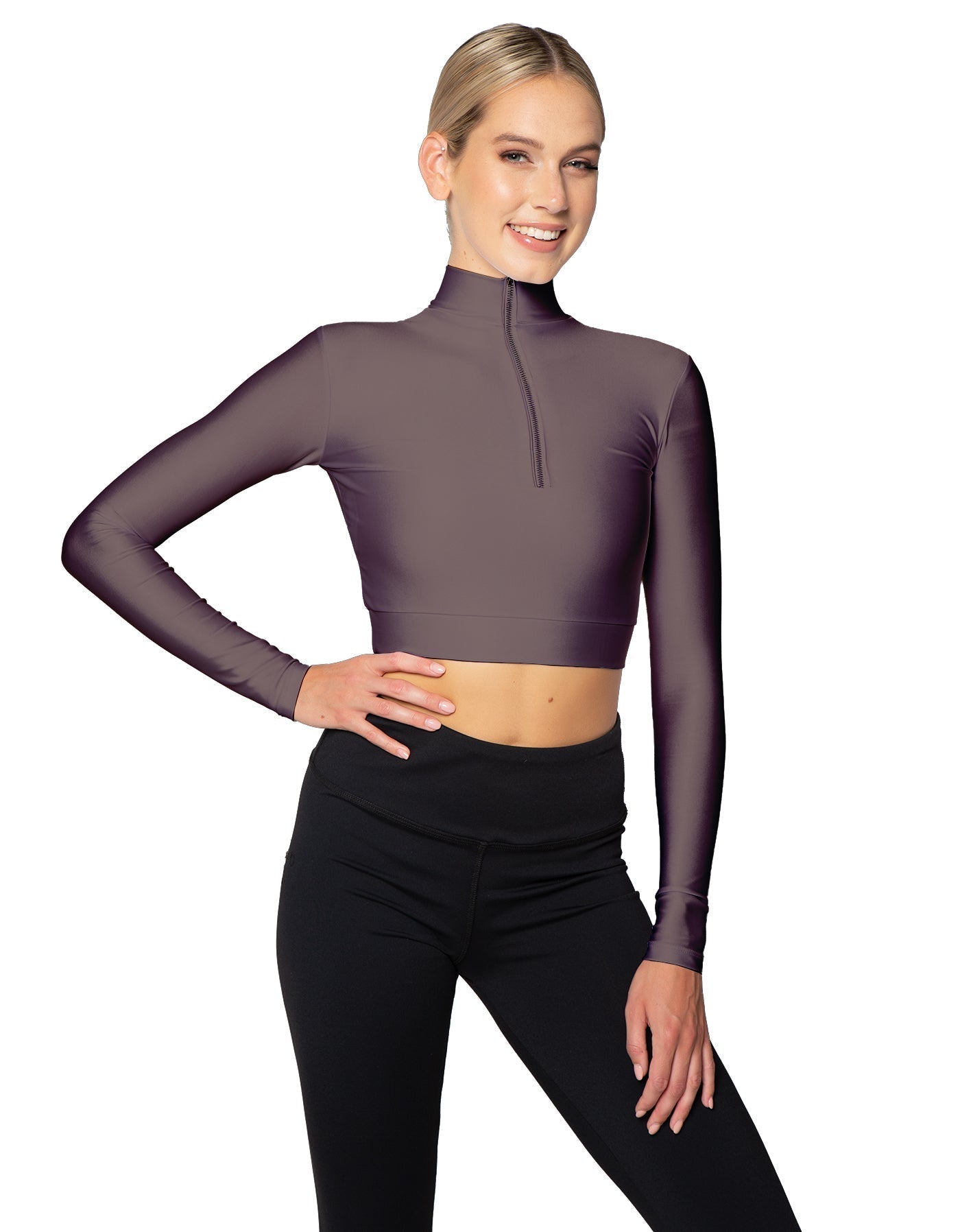 Solid Lycra LS Tneck Zipper Front Crop Top