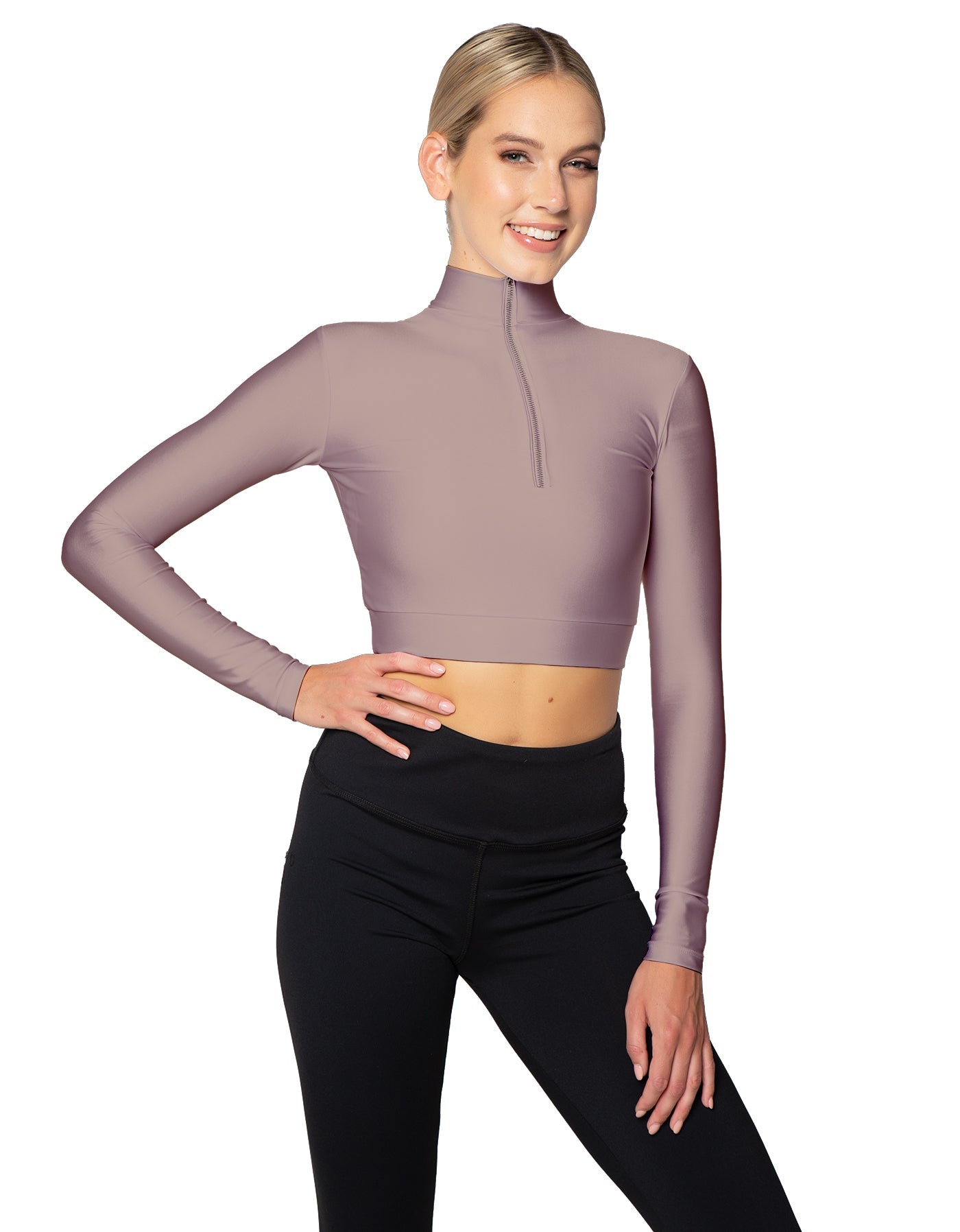 Solid Lycra LS Tneck Zipper Front Crop Top
