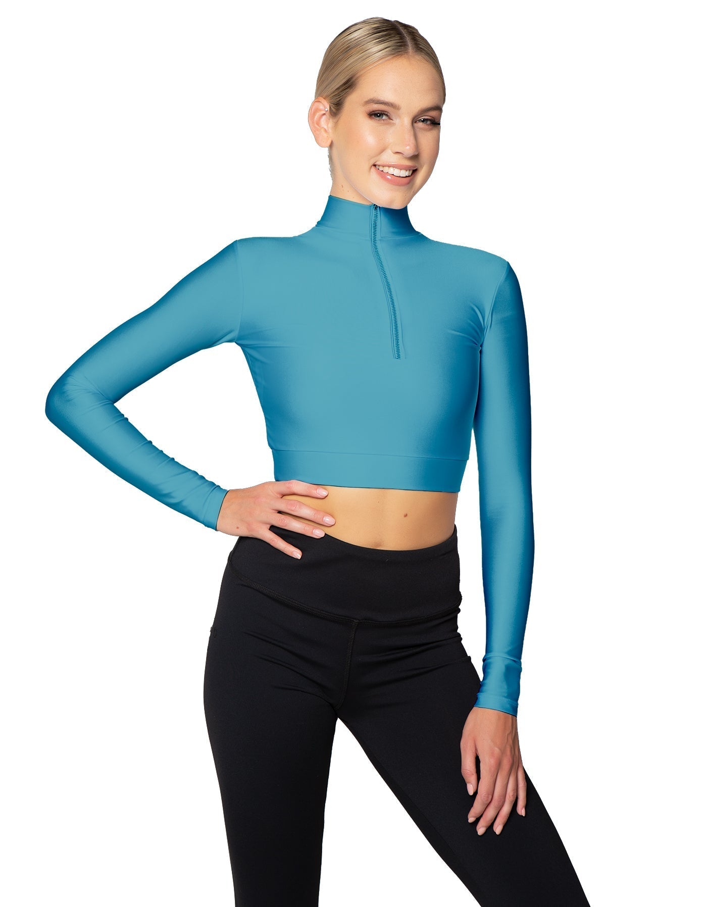 Solid Lycra LS Tneck Zipper Front Crop Top