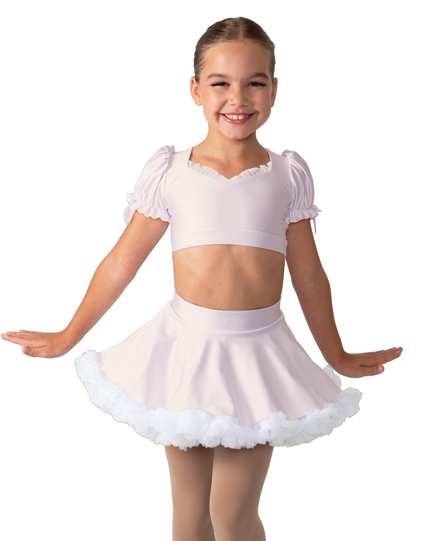 Solid Lycra Sweetheart Puff Sleeve Crop Top with Triangle Back and Ruffles