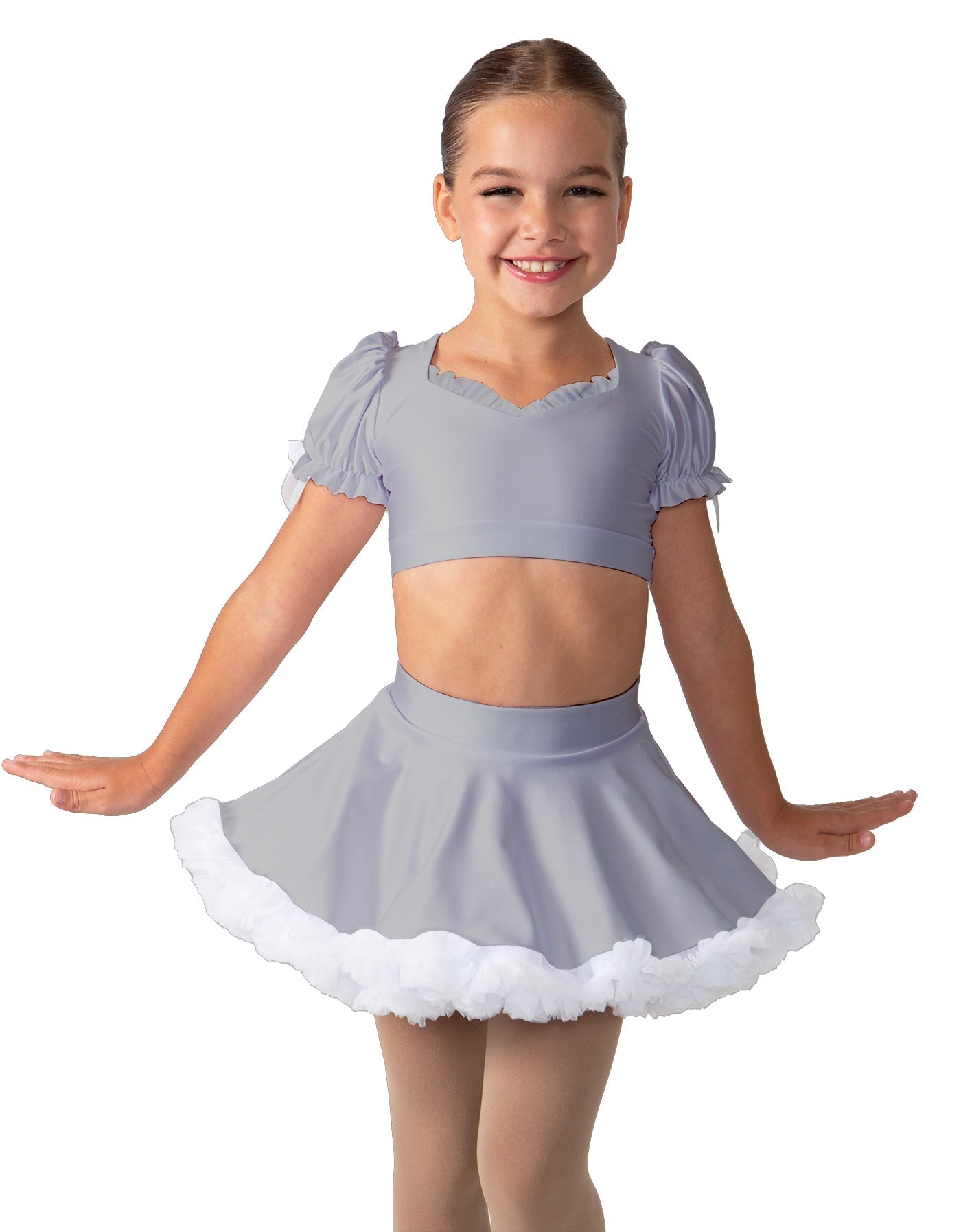 Solid Lycra Sweetheart Puff Sleeve Crop Top with Triangle Back and Ruffles