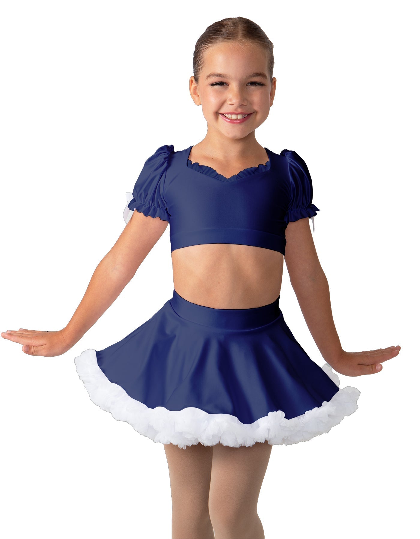 Solid Lycra Sweetheart Puff Sleeve Crop Top with Triangle Back and Ruffles