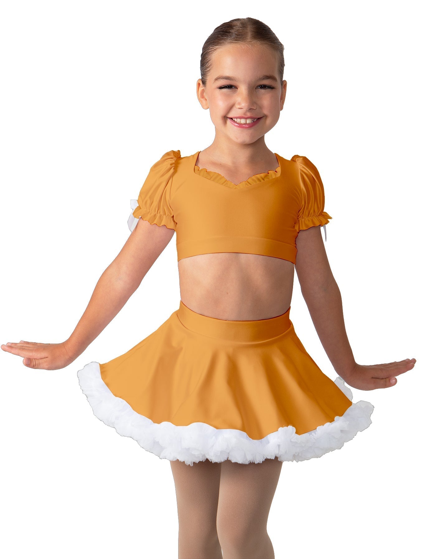 Solid Lycra Sweetheart Puff Sleeve Crop Top with Triangle Back and Ruffles