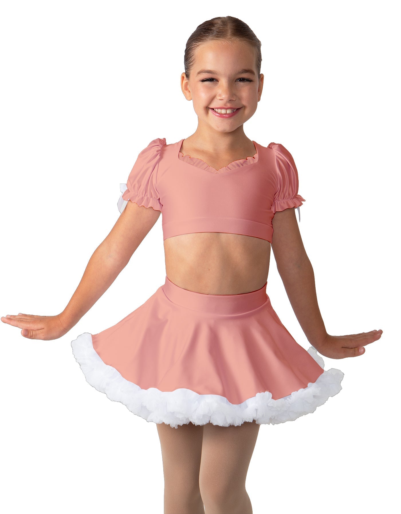 Solid Lycra Sweetheart Puff Sleeve Crop Top with Triangle Back and Ruffles