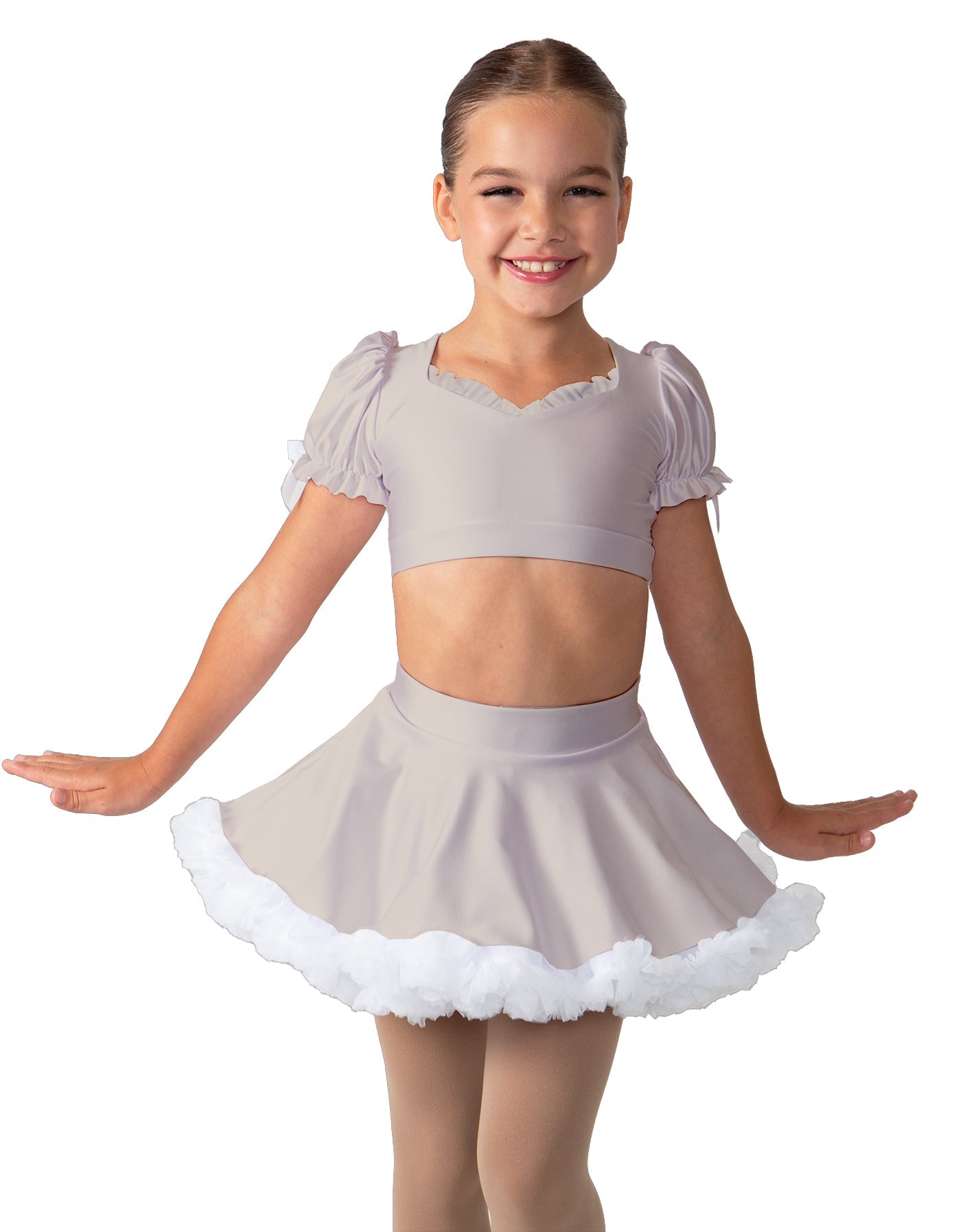 Solid Lycra Sweetheart Puff Sleeve Crop Top with Triangle Back and Ruffles