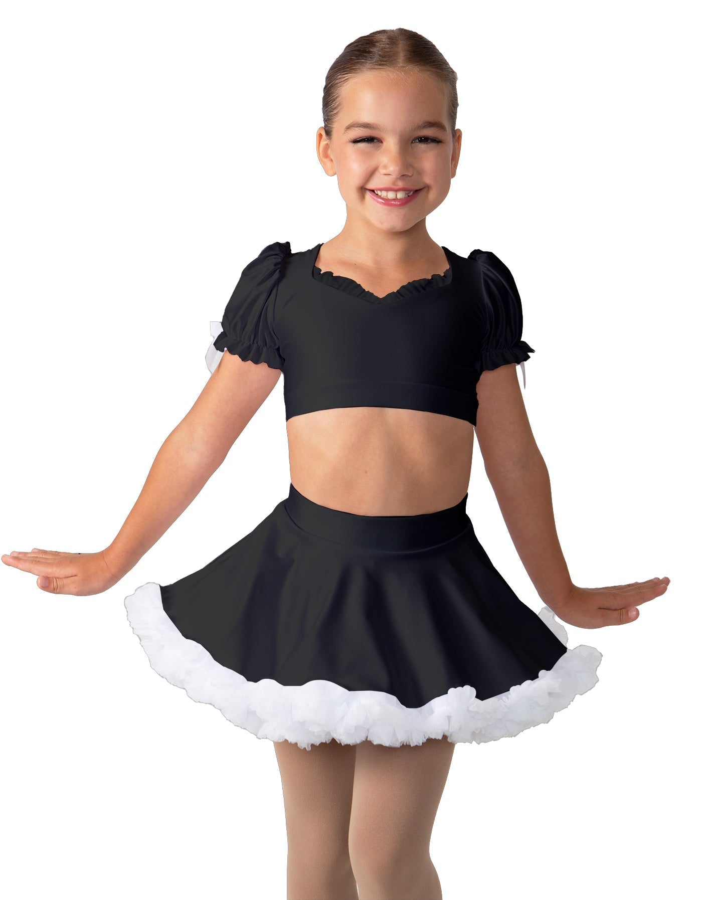 Solid Lycra Sweetheart Puff Sleeve Crop Top with Triangle Back and Ruffles