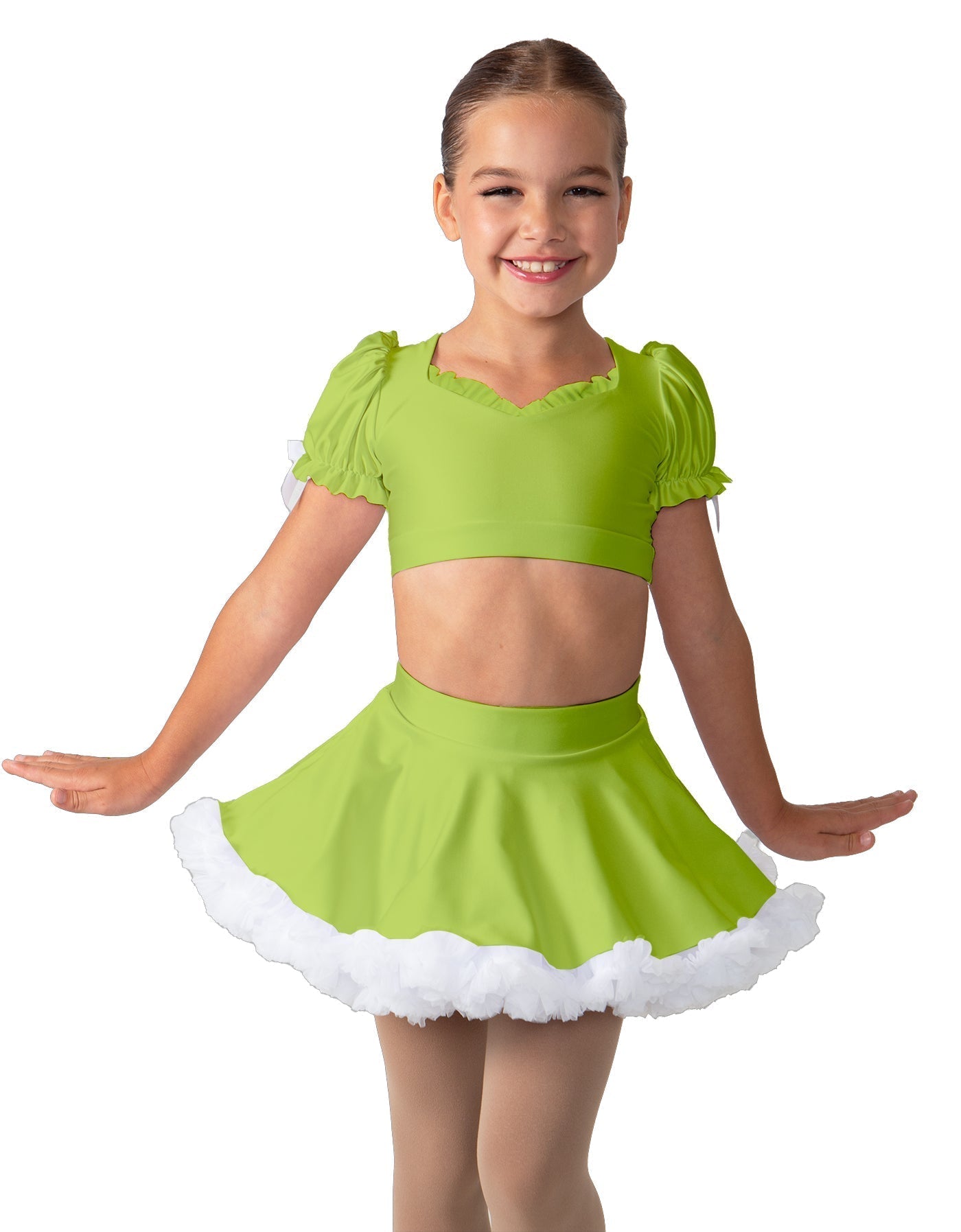 Solid Lycra Sweetheart Puff Sleeve Crop Top with Triangle Back and Ruffles