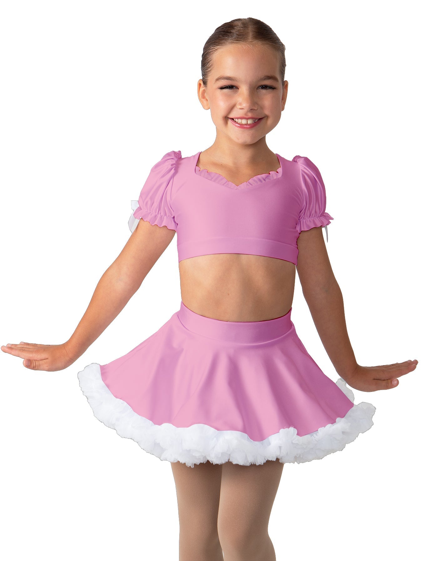 Solid Lycra Sweetheart Puff Sleeve Crop Top with Triangle Back and Ruffles