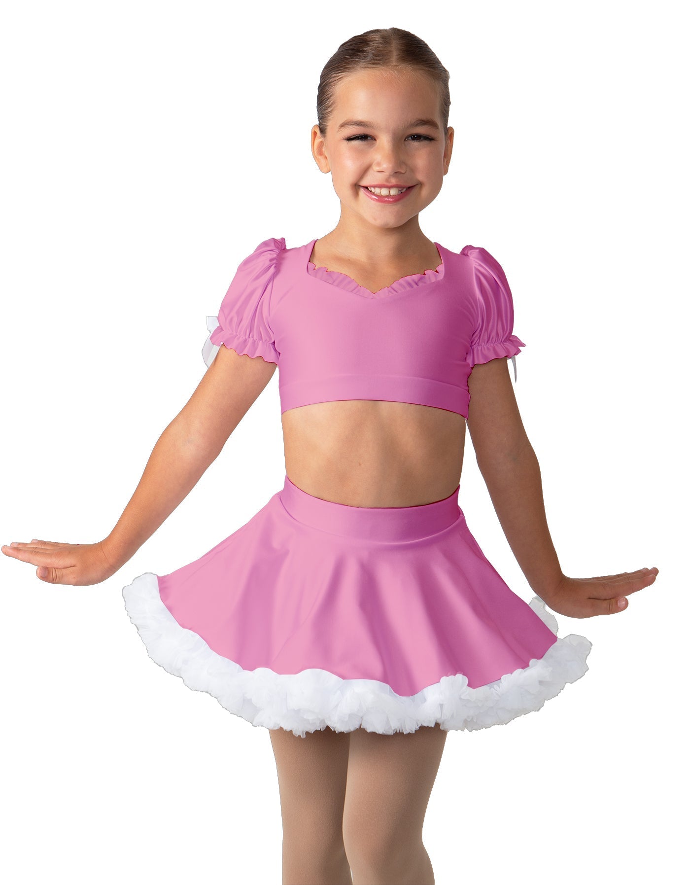 Solid Lycra Sweetheart Puff Sleeve Crop Top with Triangle Back and Ruffles