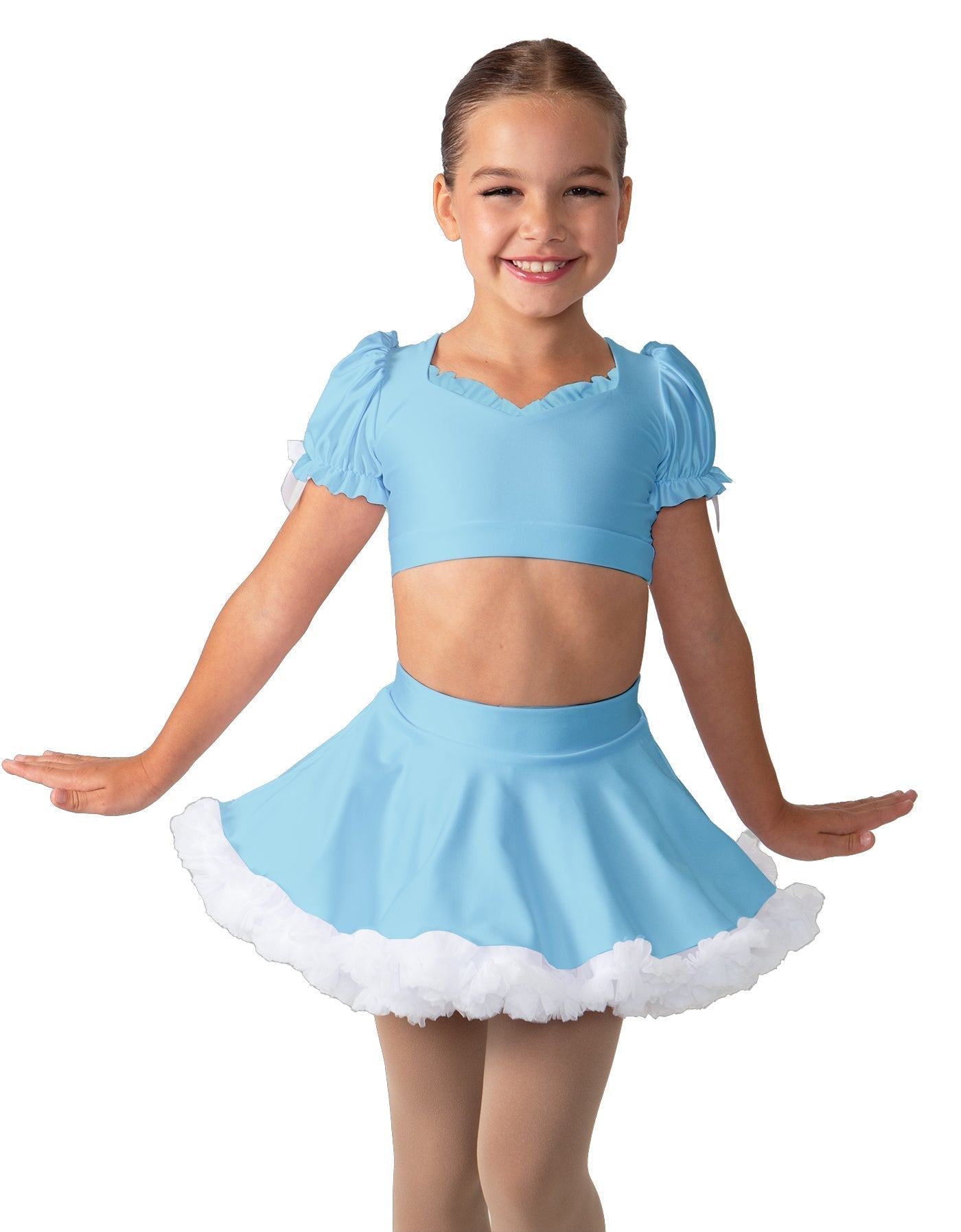 Solid Lycra Sweetheart Puff Sleeve Crop Top with Triangle Back and Ruffles