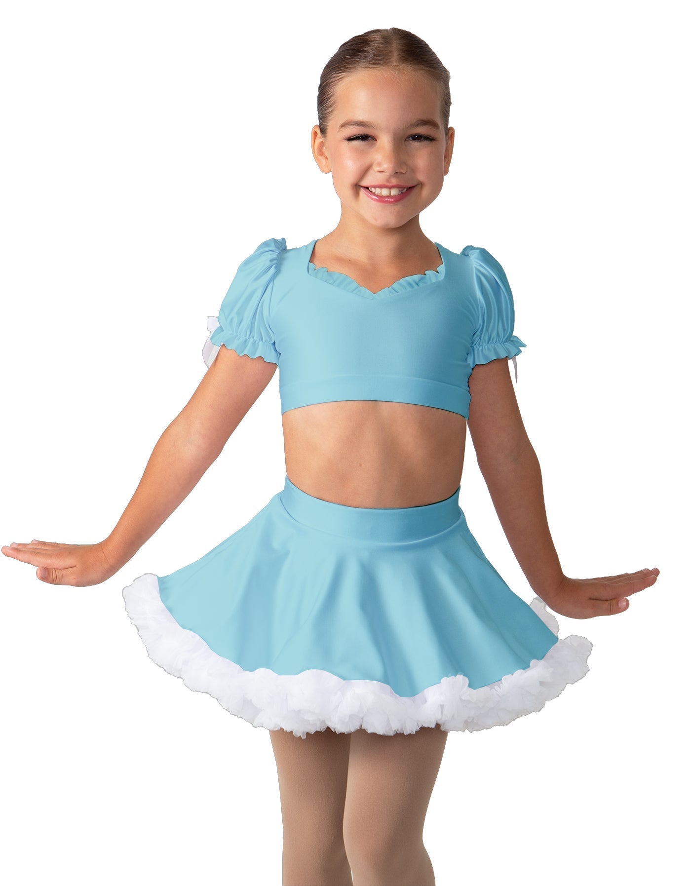 Solid Lycra Sweetheart Puff Sleeve Crop Top with Triangle Back and Ruffles
