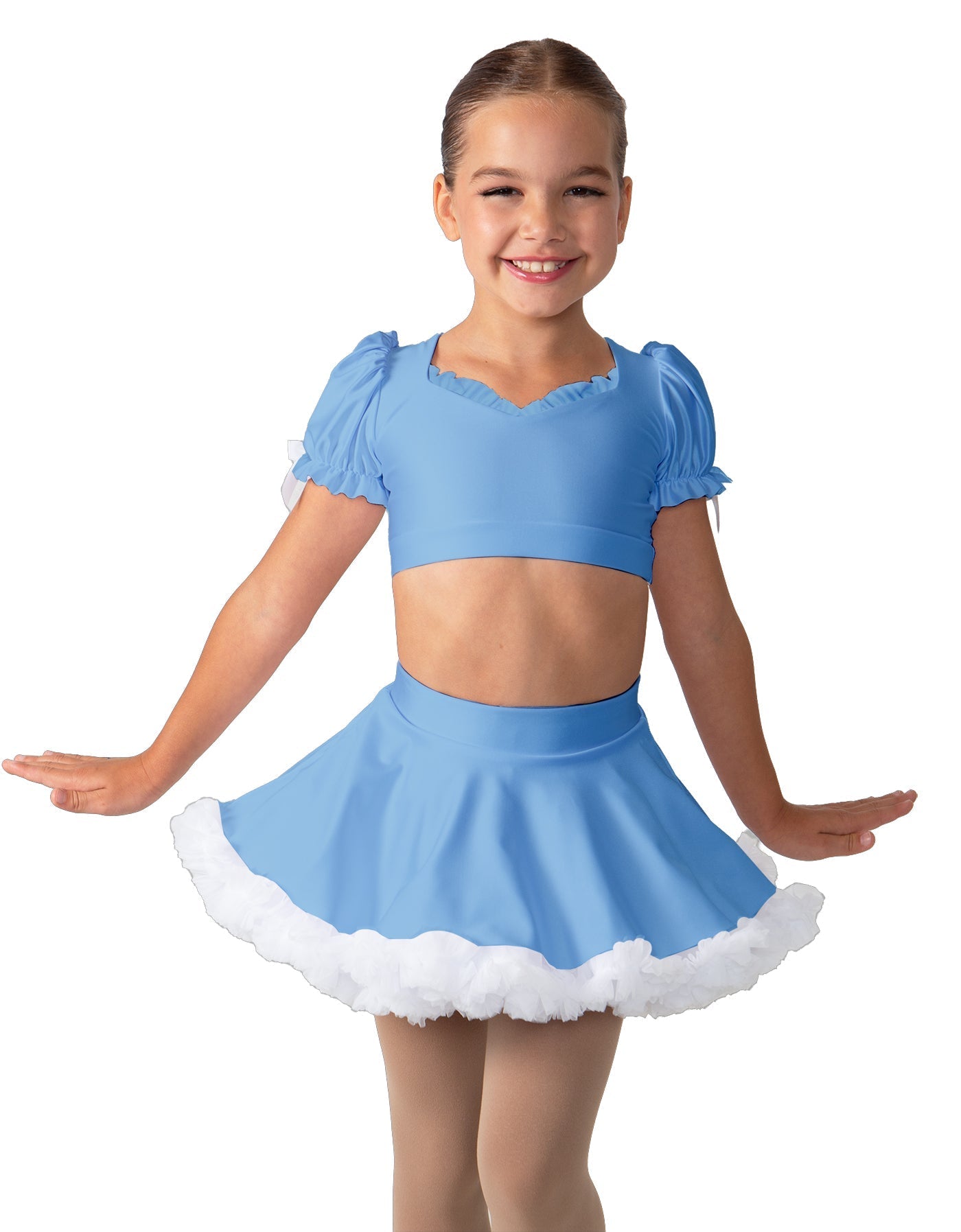 Solid Lycra Sweetheart Puff Sleeve Crop Top with Triangle Back and Ruffles