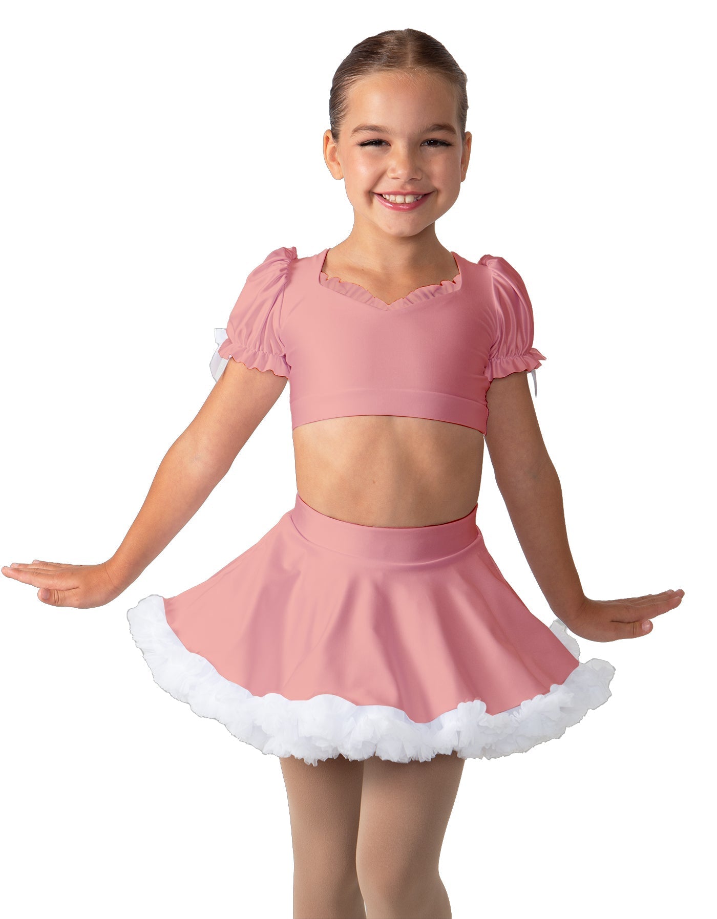 Solid Lycra Sweetheart Puff Sleeve Crop Top with Triangle Back and Ruffles