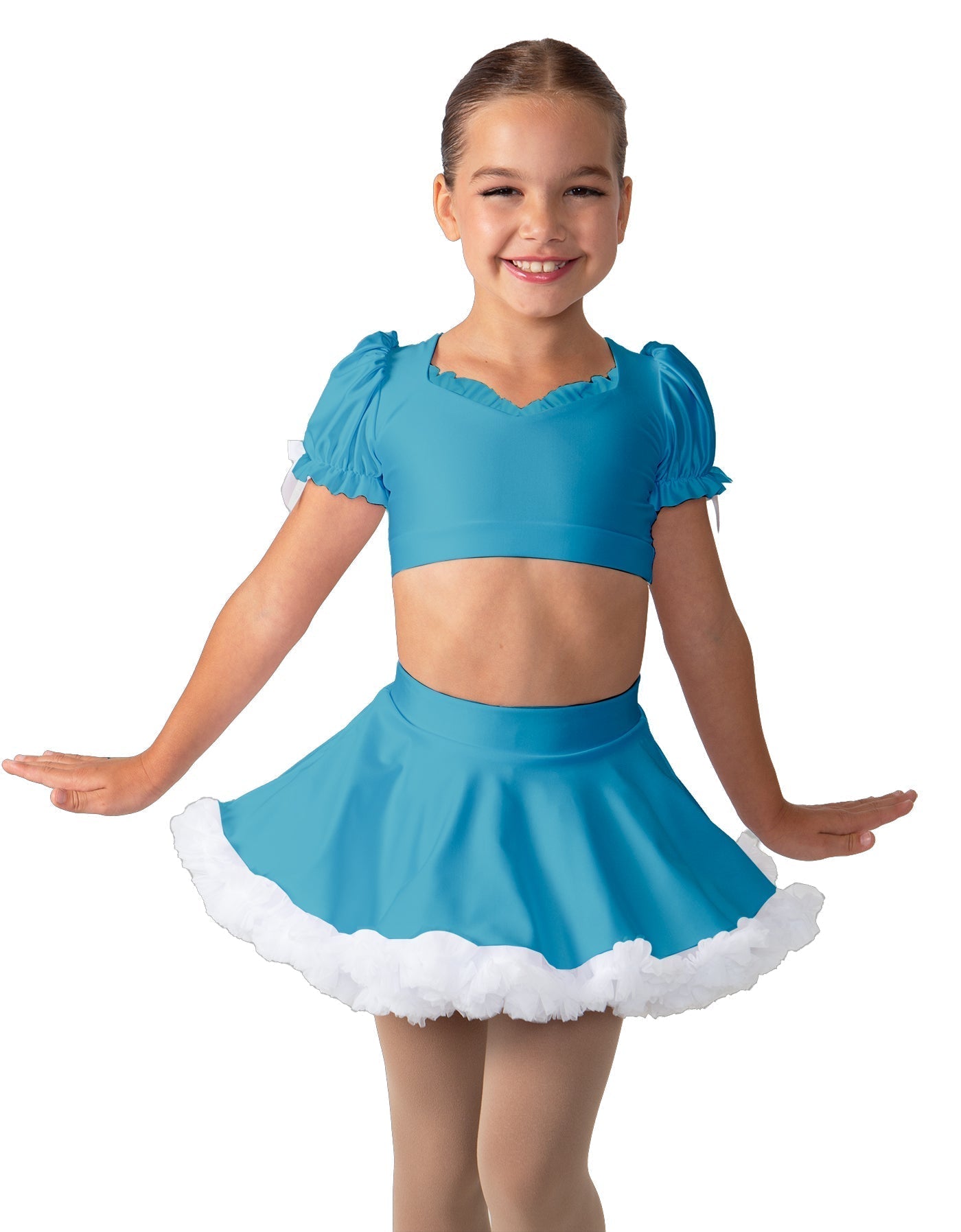 Solid Lycra Sweetheart Puff Sleeve Crop Top with Triangle Back and Ruffles