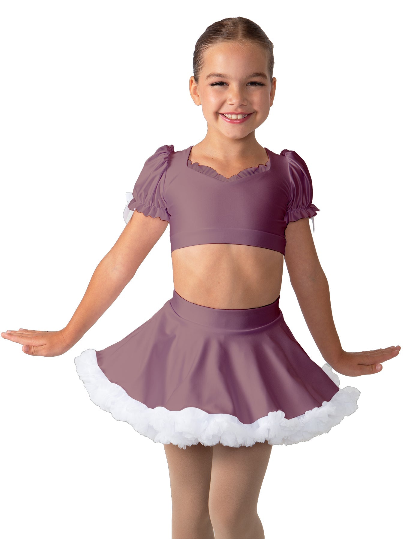 Solid Lycra Sweetheart Puff Sleeve Crop Top with Triangle Back and Ruffles