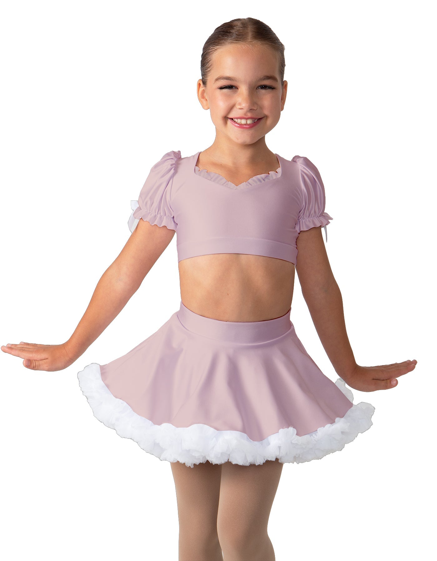 Solid Lycra Sweetheart Puff Sleeve Crop Top with Triangle Back and Ruffles