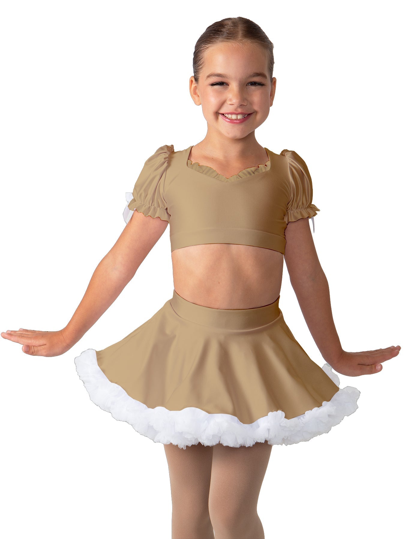 Solid Lycra Sweetheart Puff Sleeve Crop Top with Triangle Back and Ruffles