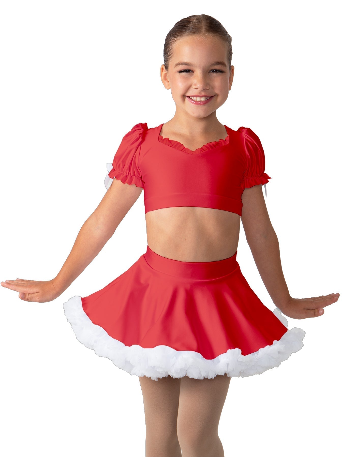 Solid Lycra Sweetheart Puff Sleeve Crop Top with Triangle Back and Ruffles