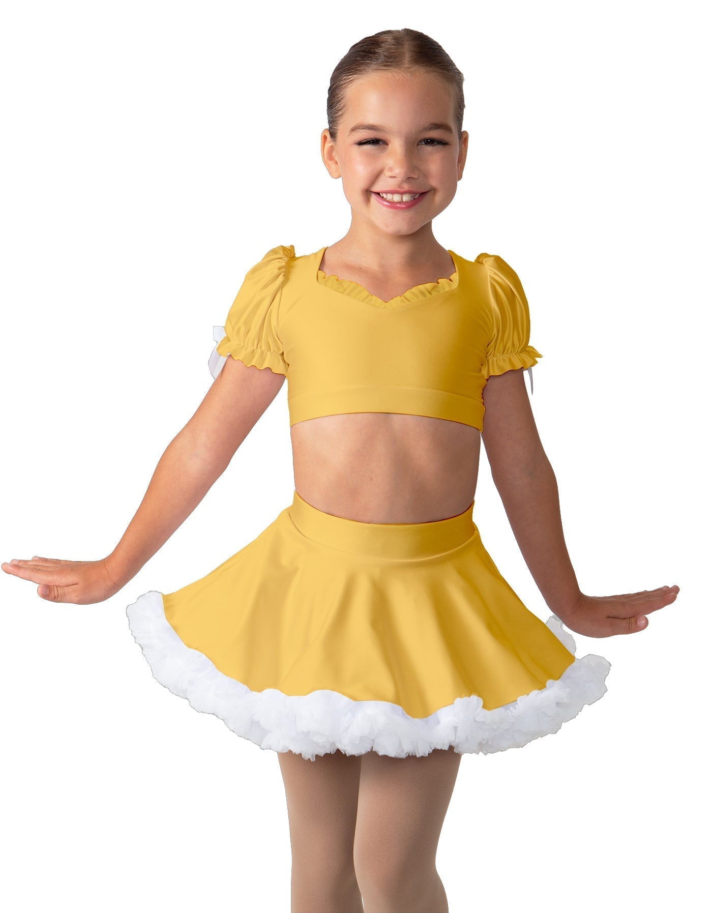 Solid Lycra Sweetheart Puff Sleeve Crop Top with Triangle Back and Ruffles