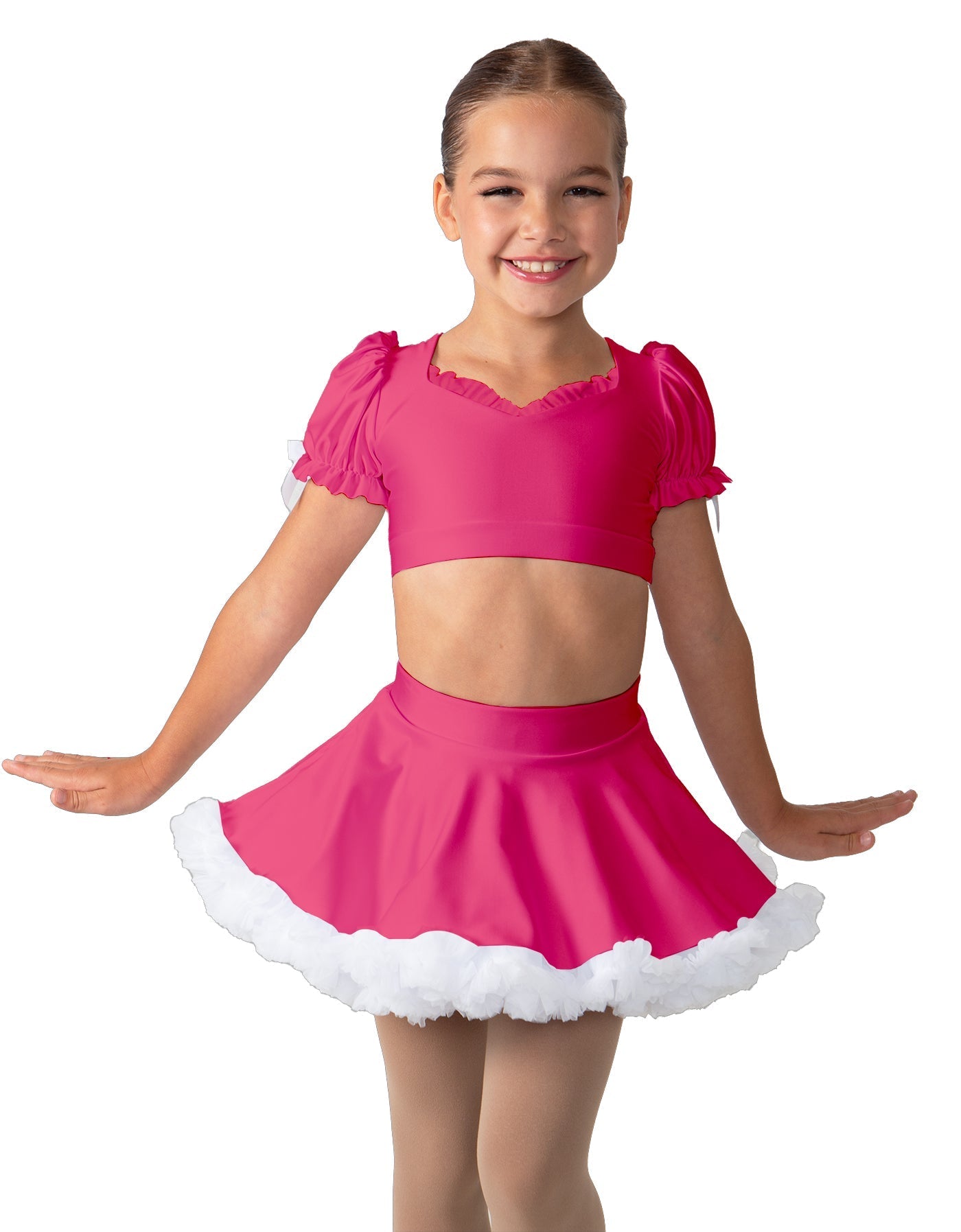 Solid Lycra Sweetheart Puff Sleeve Crop Top with Triangle Back and Ruffles