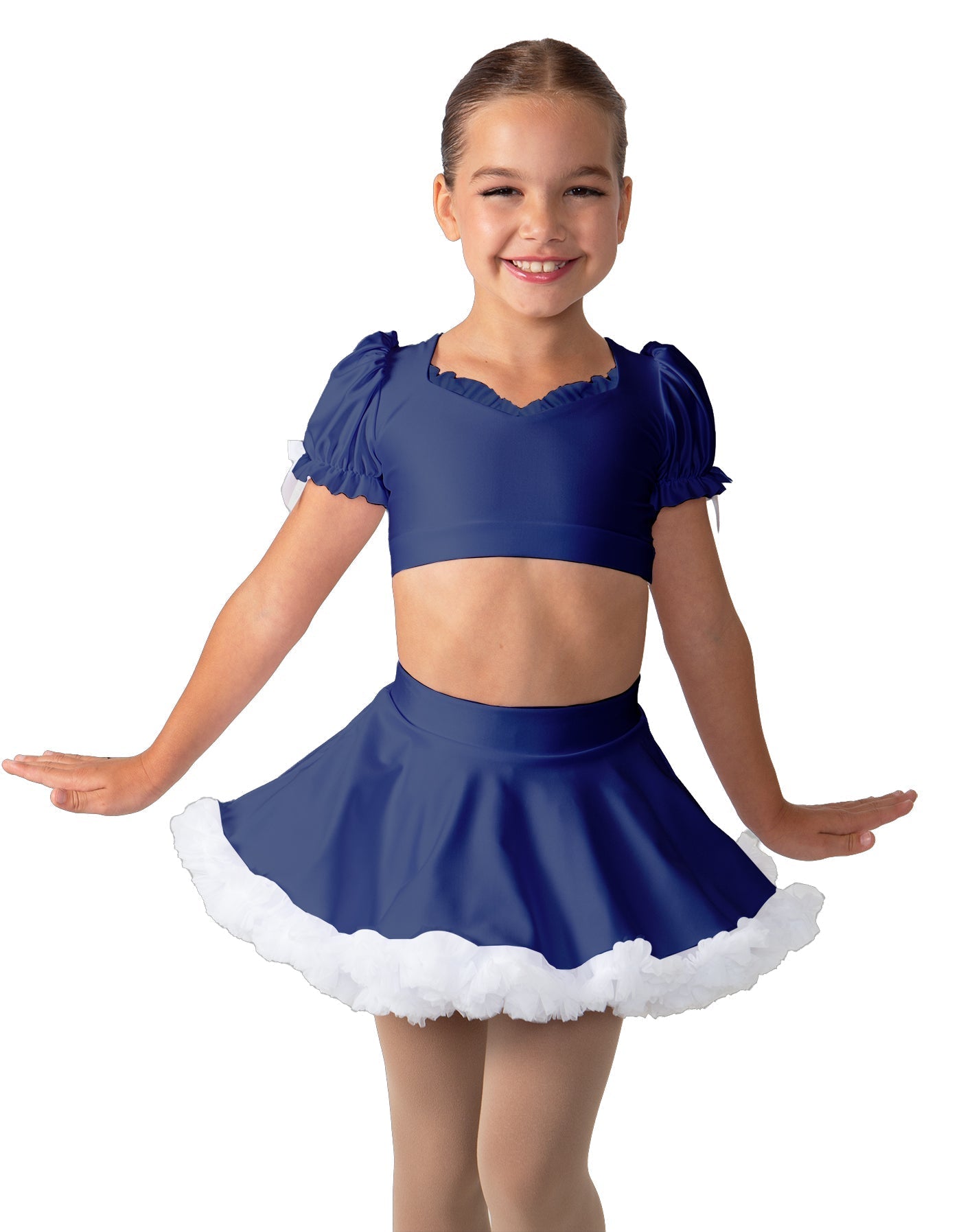 Solid Lycra Sweetheart Puff Sleeve Crop Top with Triangle Back and Ruffles