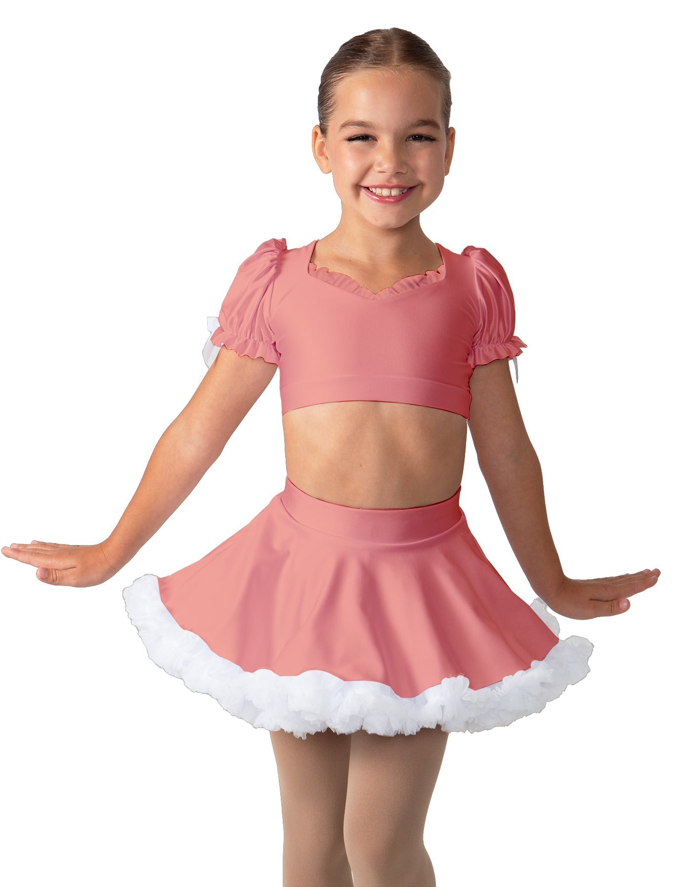 Solid Lycra Sweetheart Puff Sleeve Crop Top with Triangle Back and Ruffles