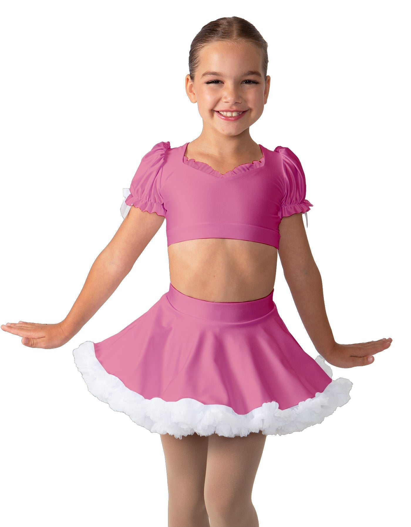 Solid Lycra Sweetheart Puff Sleeve Crop Top with Triangle Back and Ruffles