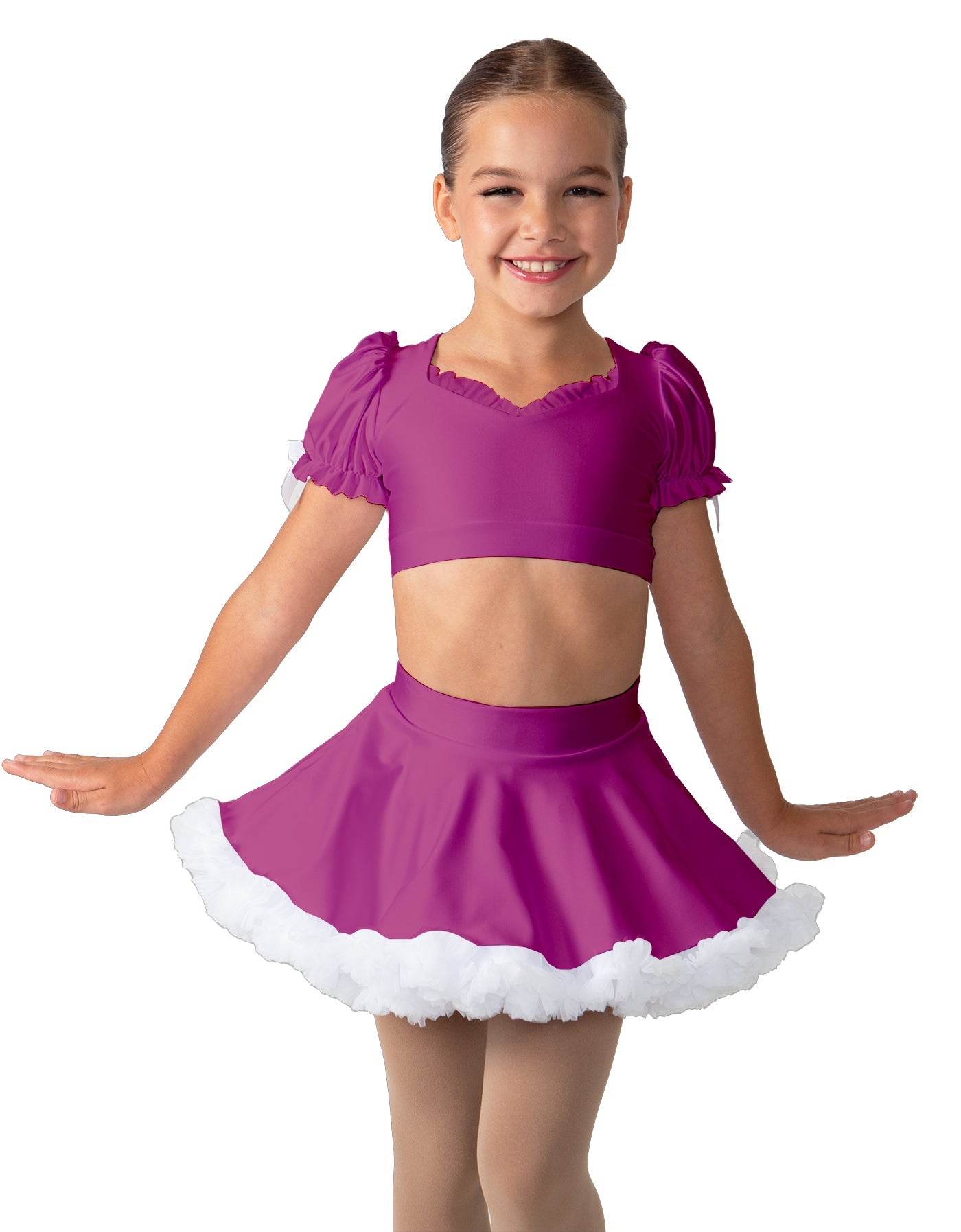 Solid Lycra Sweetheart Puff Sleeve Crop Top with Triangle Back and Ruffles