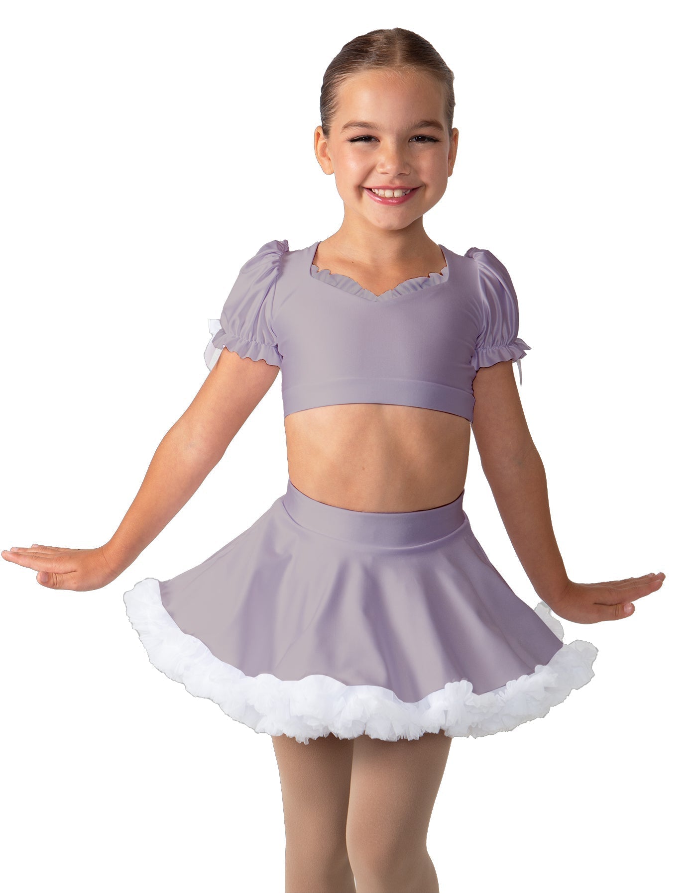Solid Lycra Sweetheart Puff Sleeve Crop Top with Triangle Back and Ruffles