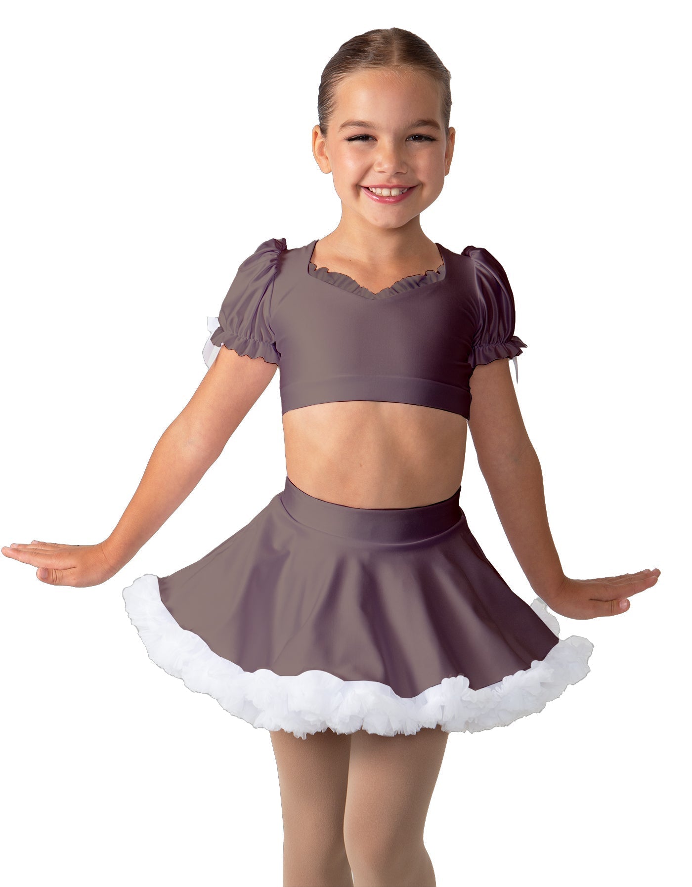 Solid Lycra Sweetheart Puff Sleeve Crop Top with Triangle Back and Ruffles