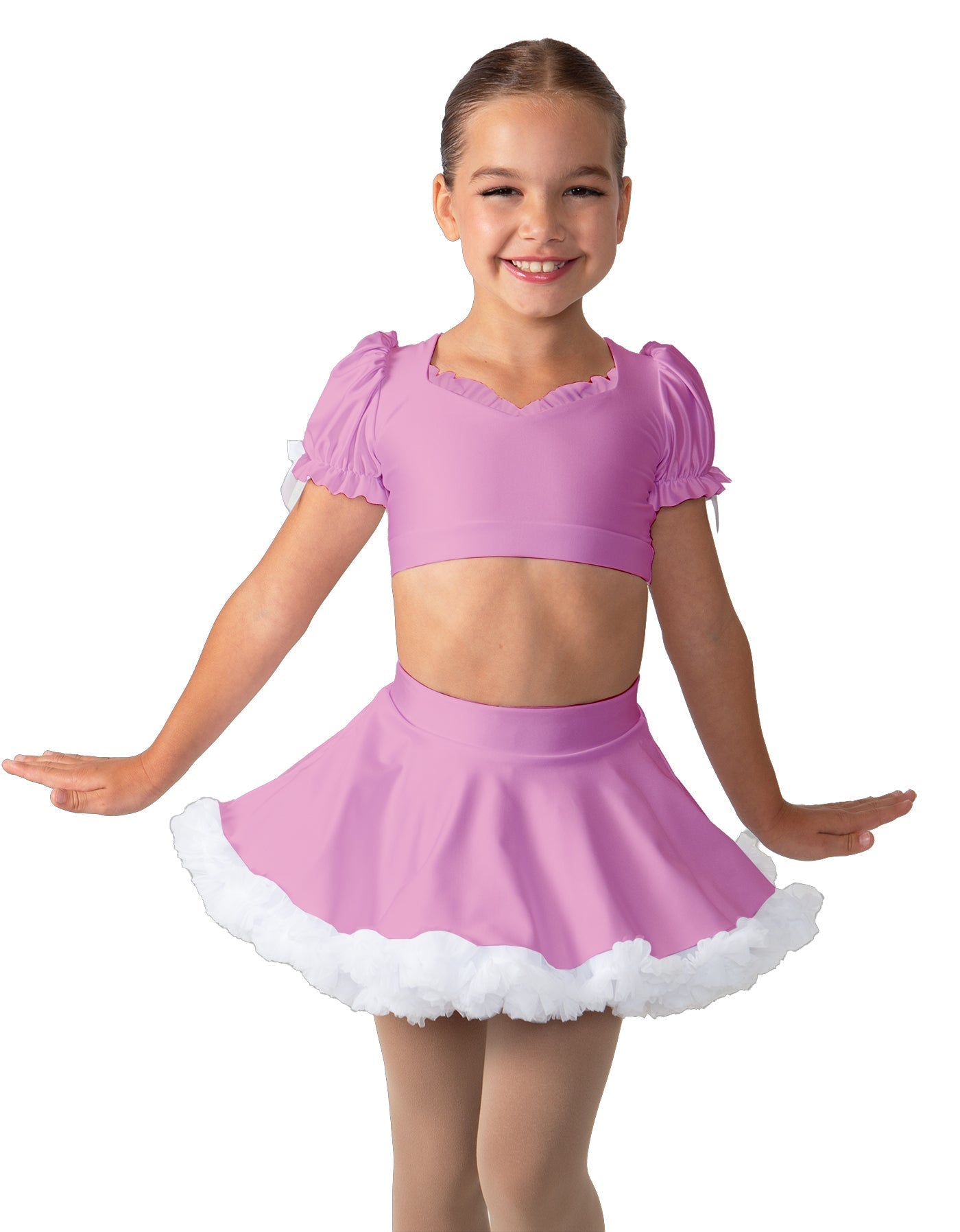 Solid Lycra Sweetheart Puff Sleeve Crop Top with Triangle Back and Ruffles
