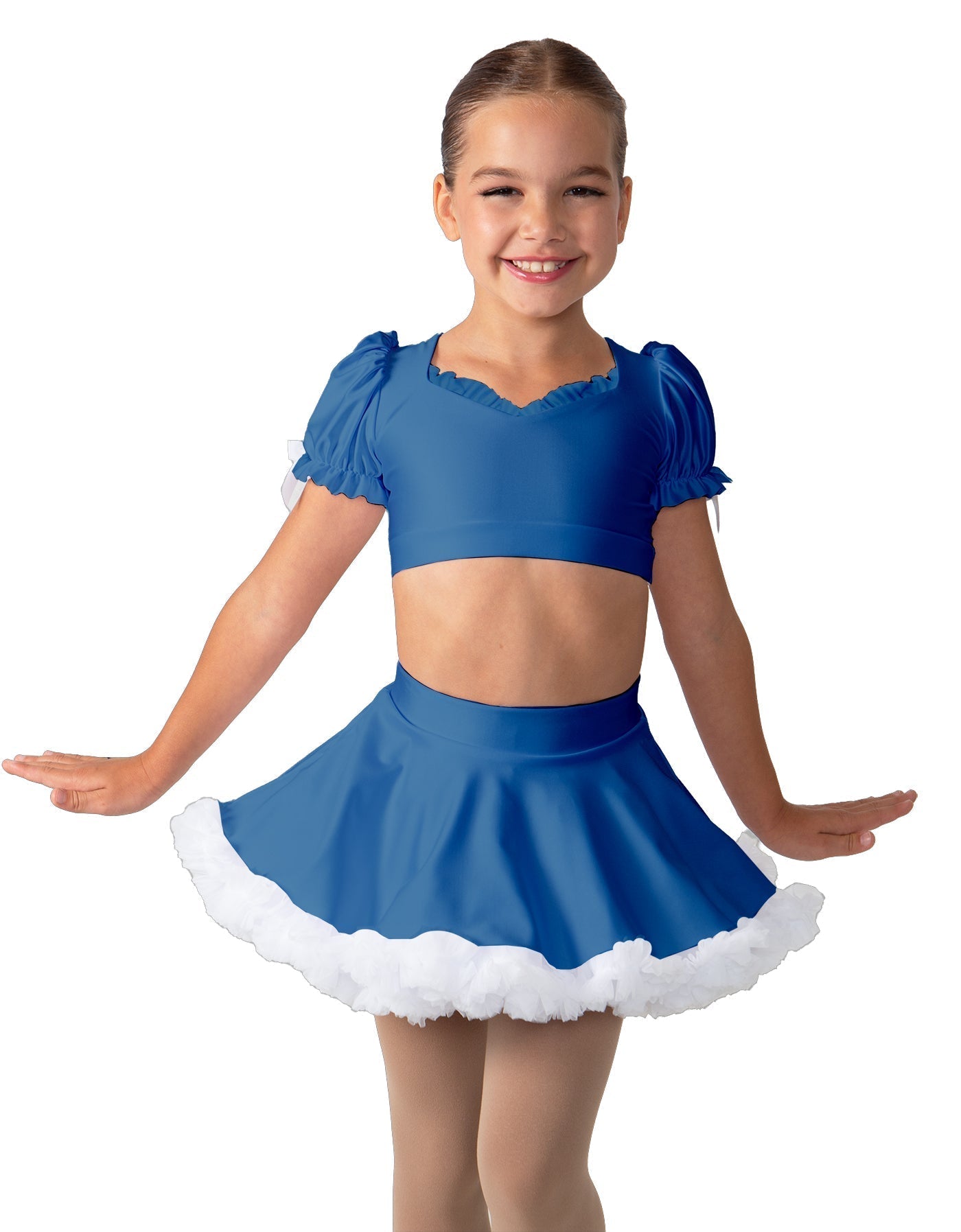 Solid Lycra Sweetheart Puff Sleeve Crop Top with Triangle Back and Ruffles