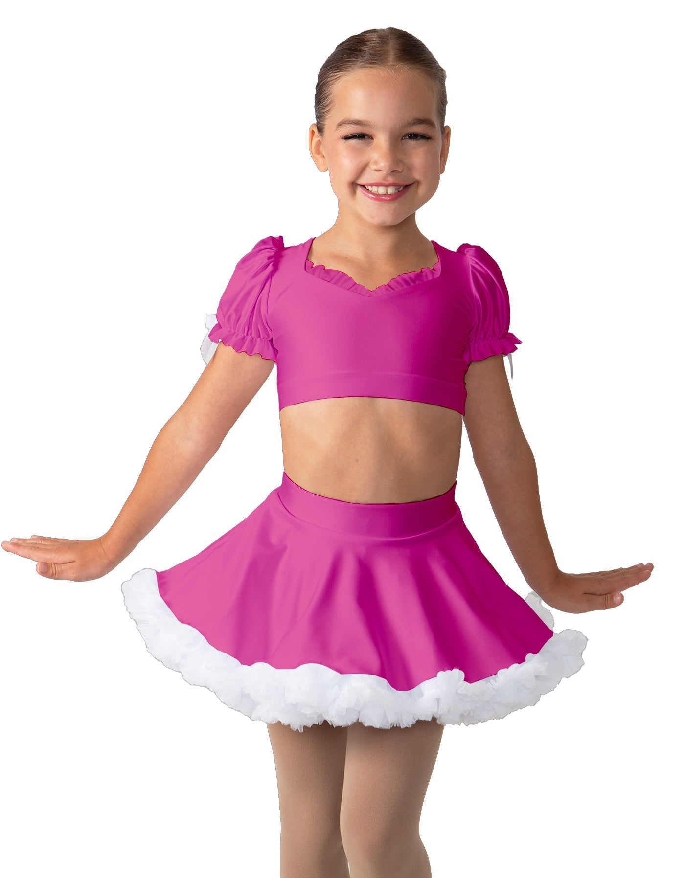 Solid Lycra Sweetheart Puff Sleeve Crop Top with Triangle Back and Ruffles