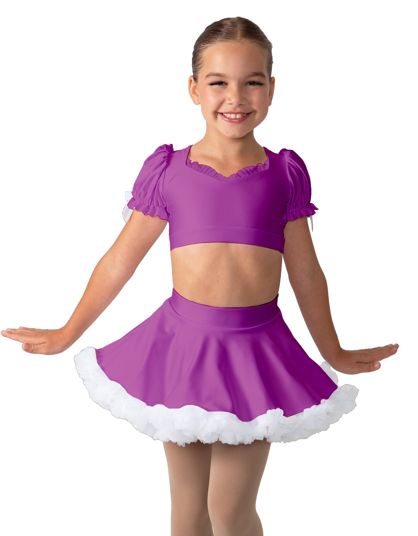Solid Lycra Sweetheart Puff Sleeve Crop Top with Triangle Back and Ruffles