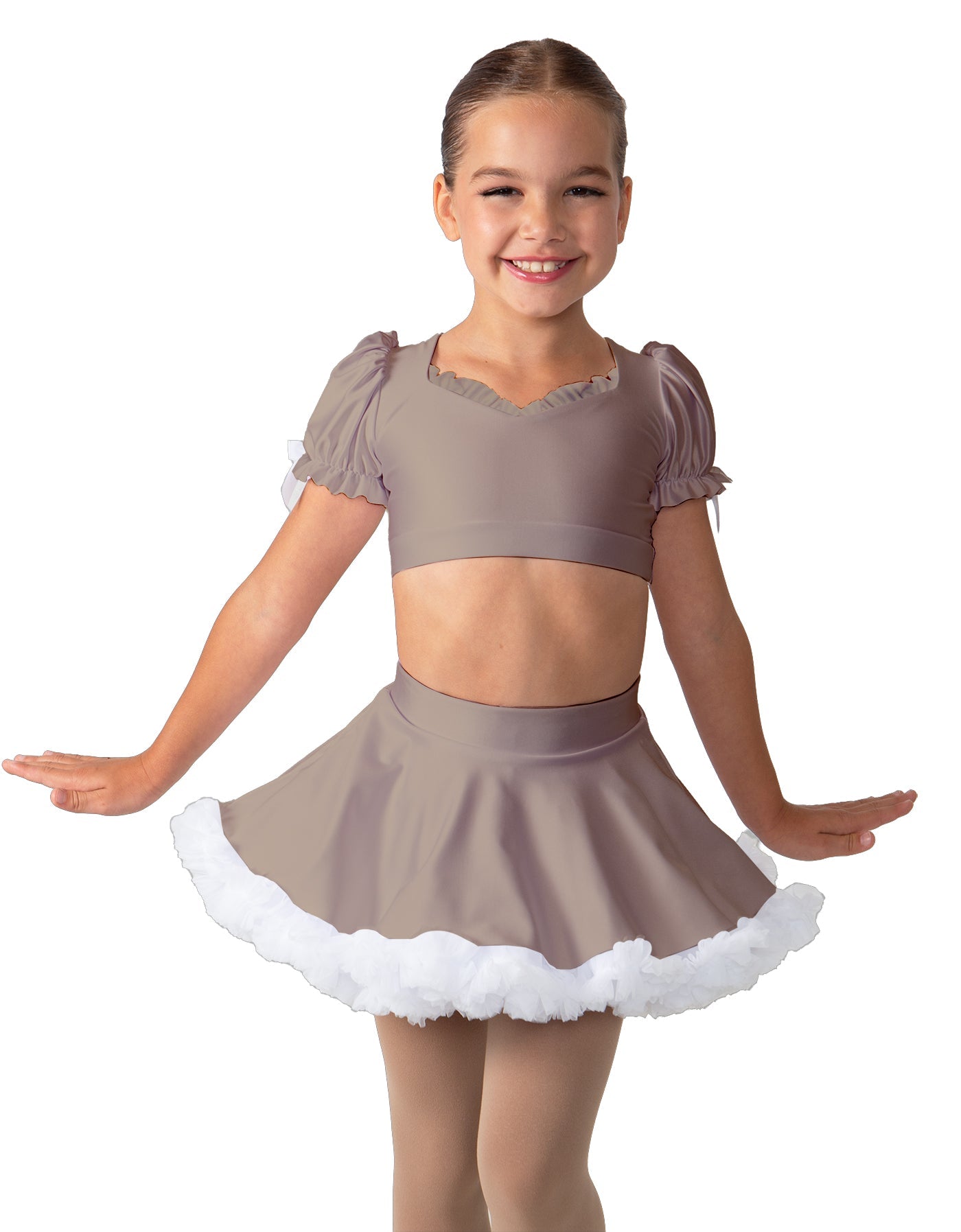 Solid Lycra Sweetheart Puff Sleeve Crop Top with Triangle Back and Ruffles