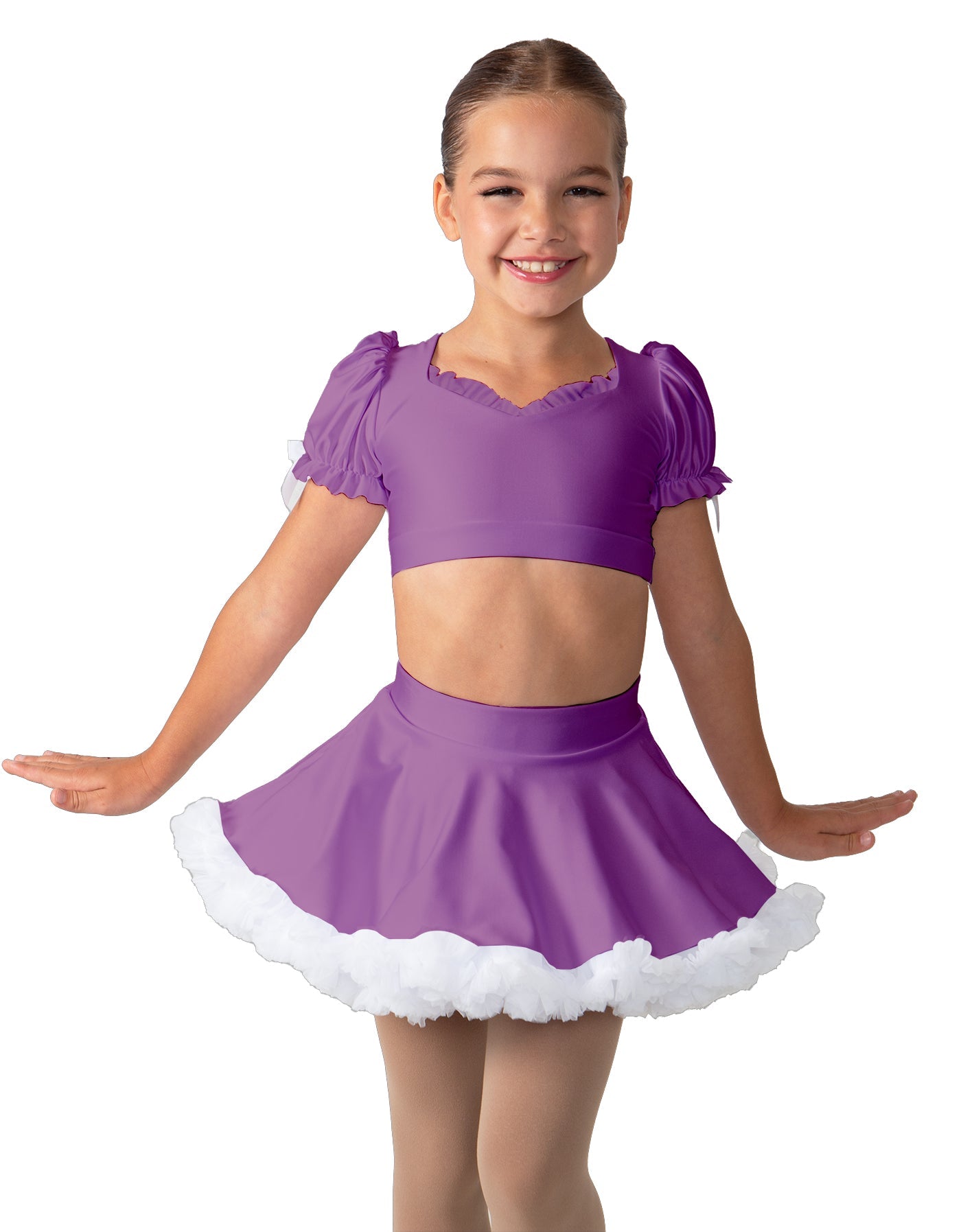 Solid Lycra Sweetheart Puff Sleeve Crop Top with Triangle Back and Ruffles